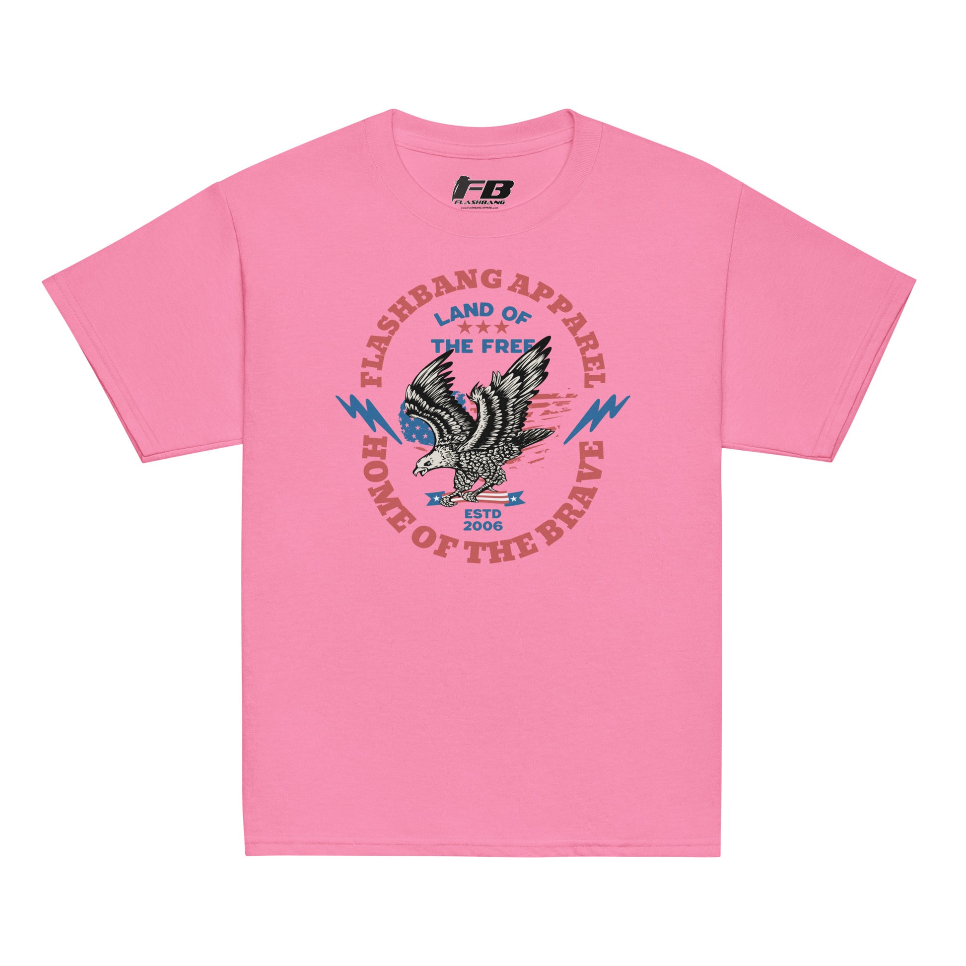 Pink t-shirt with an eagle graphic and text on a white background