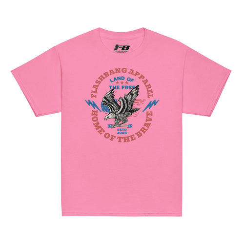 Pink t-shirt with an eagle graphic and text on a white background