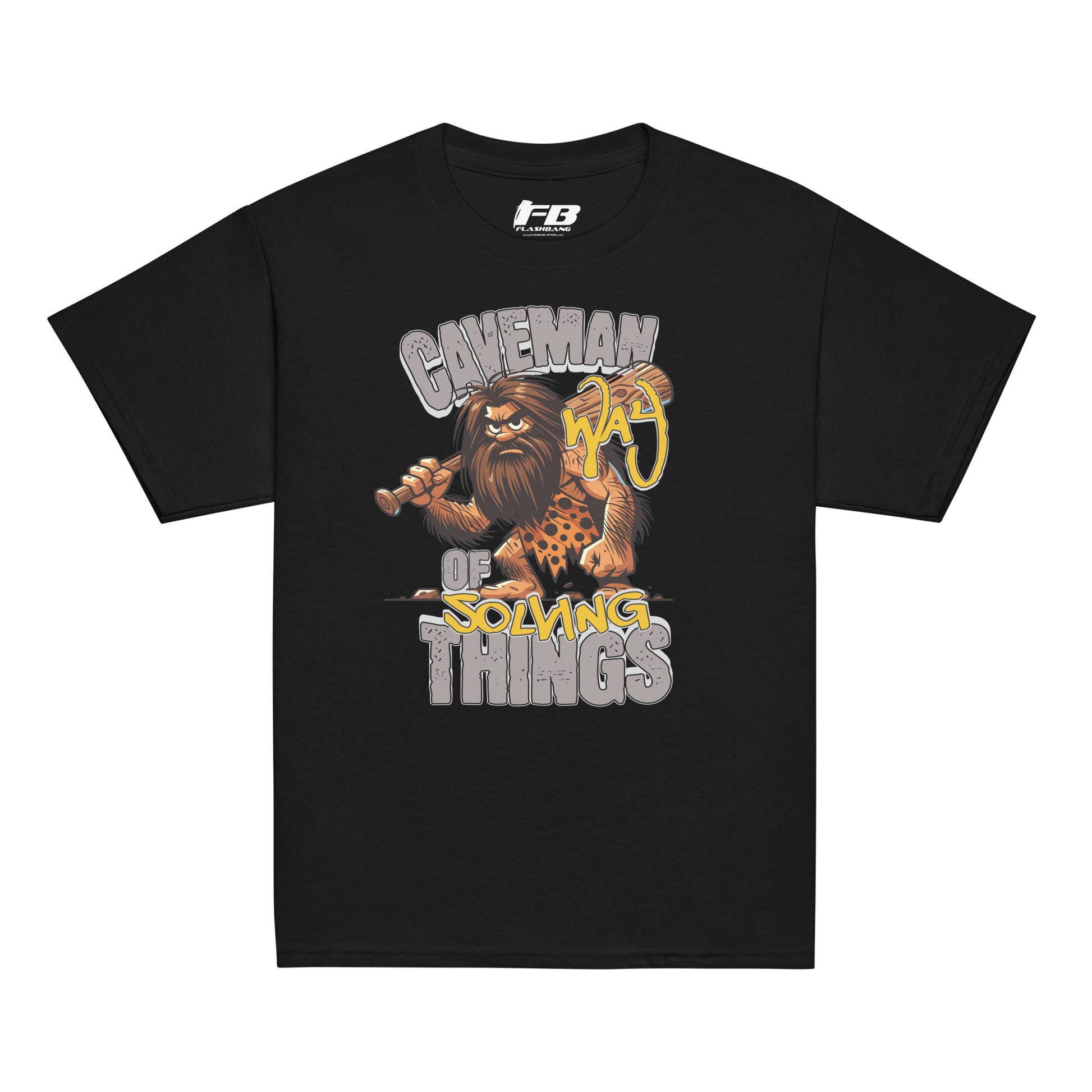 Black t-shirt with a graphic of a caveman and text on a white background