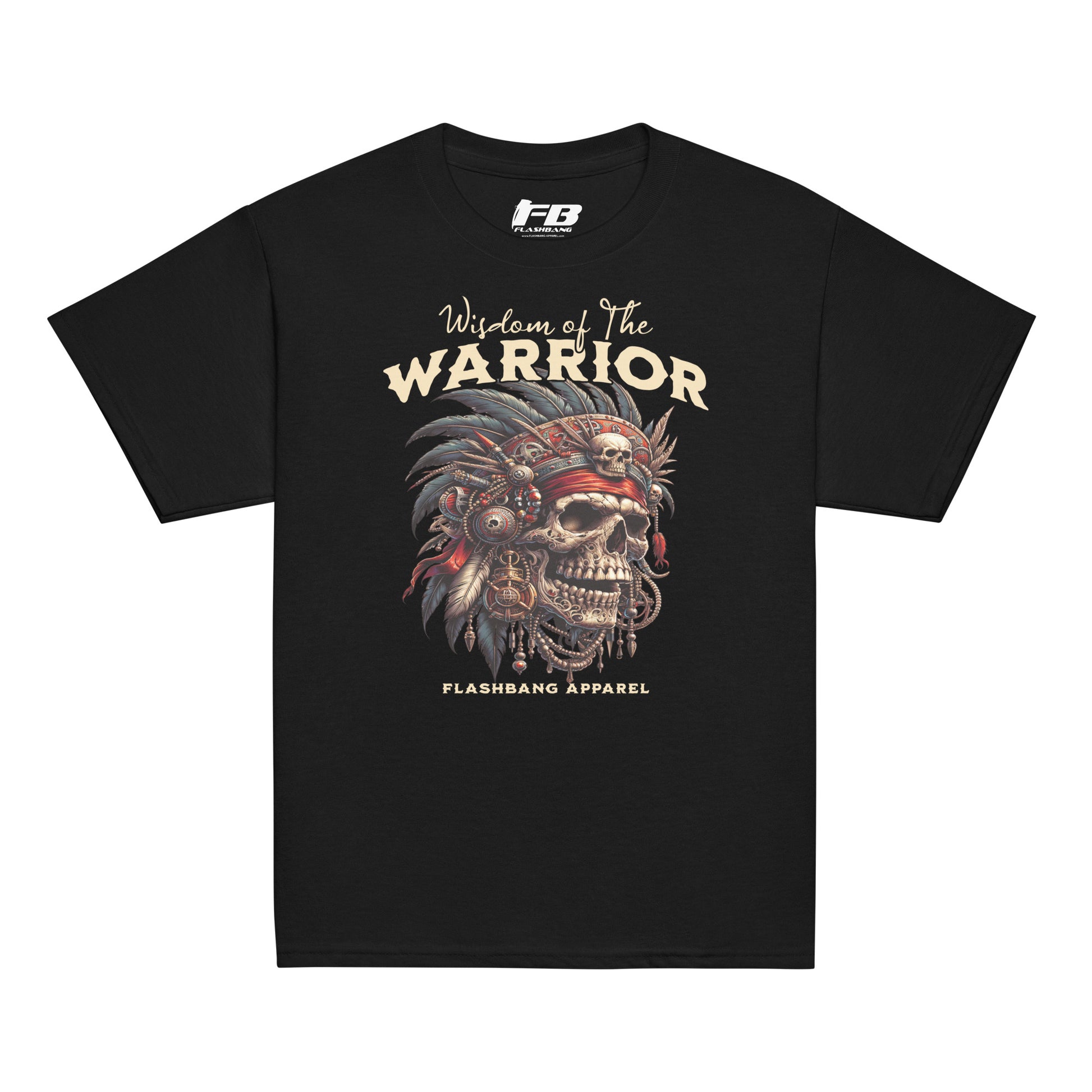 Black t-shirt with 'Warrior' design and 'Flashbang Apparel' branding on a white background