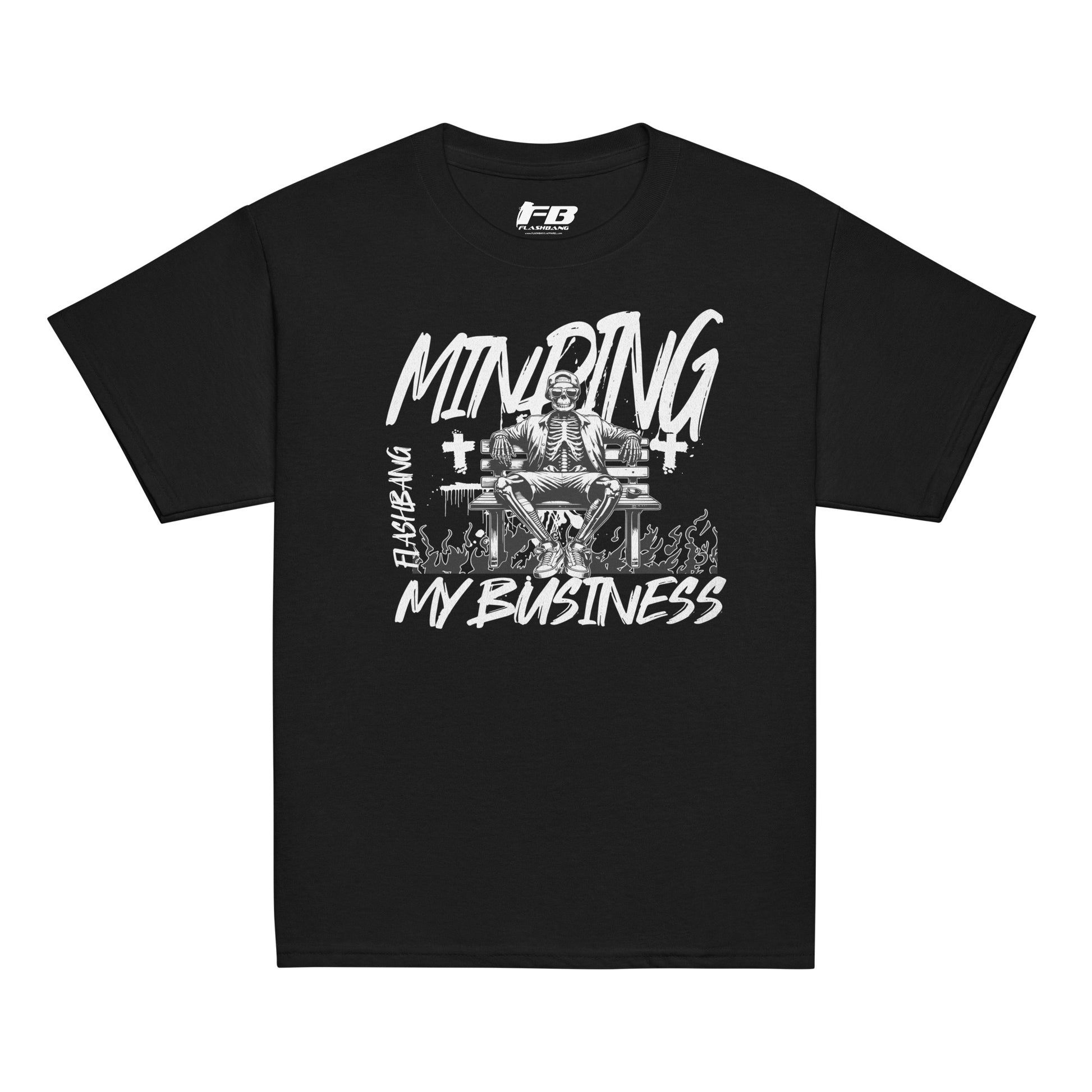 Black t-shirt with white graphic design and text on a white background