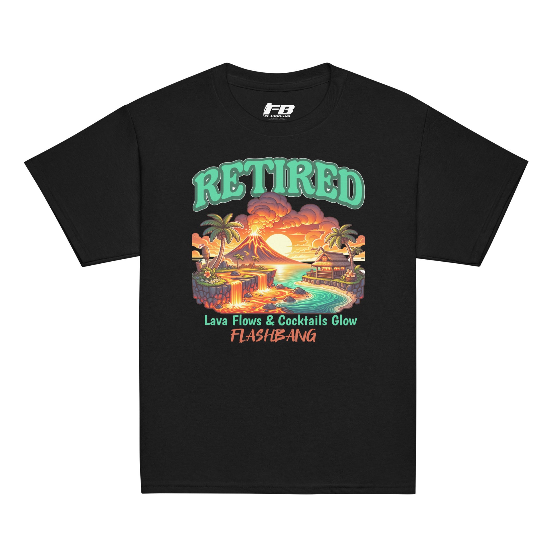 Black t-shirt with a colorful graphic and text on a white background