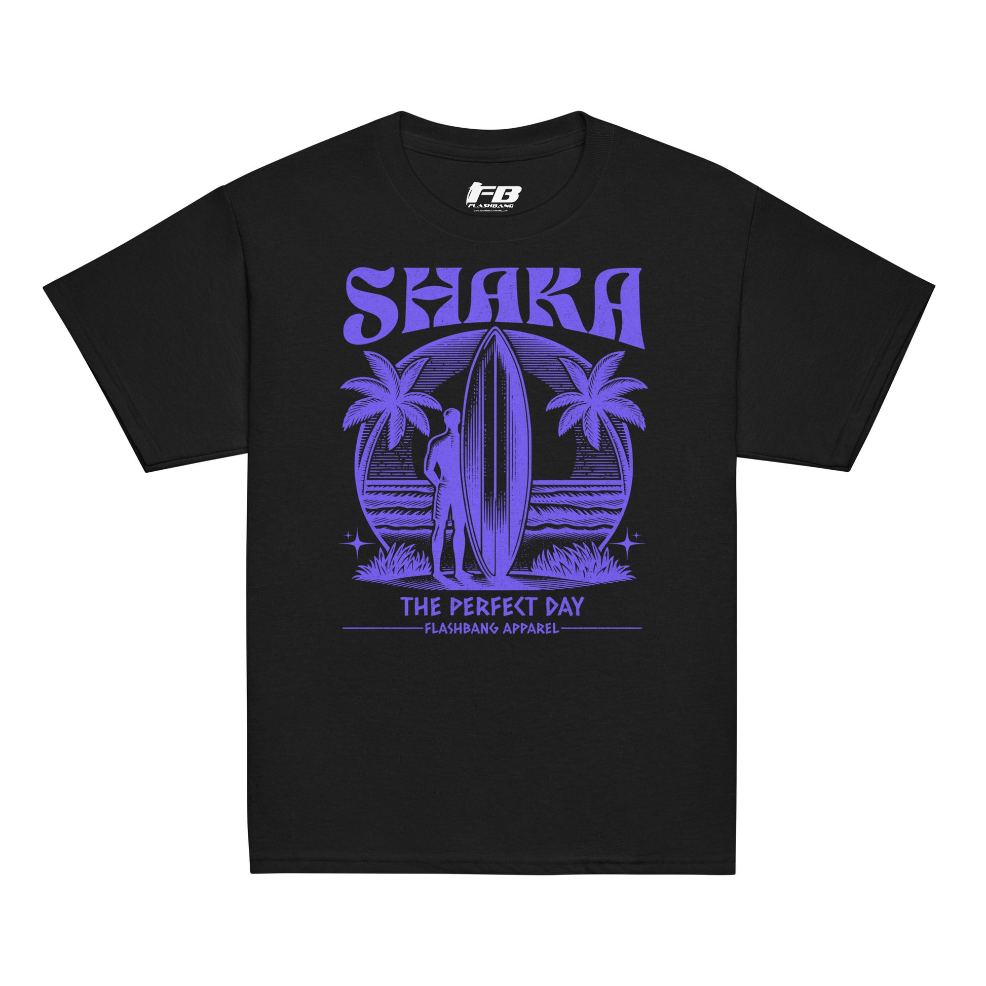 Black t-shirt with purple graphic design featuring a surfer, palm trees, and the text 'SKARA THE PERFECT DAY' on a white background.