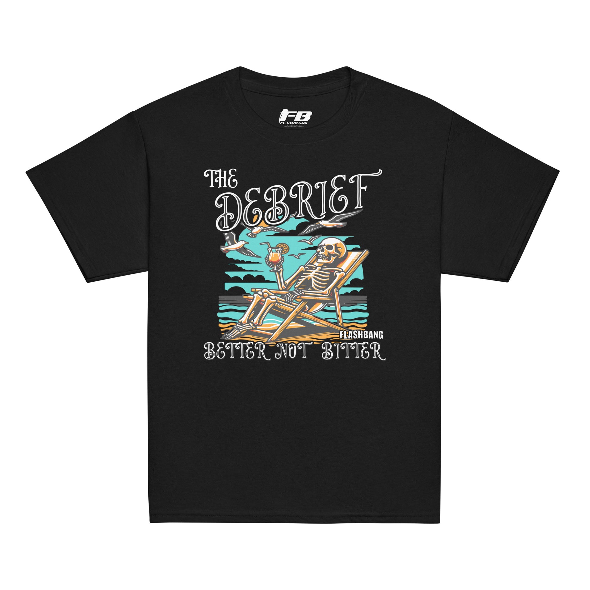 Black t-shirt with a skeleton design and text on a white background