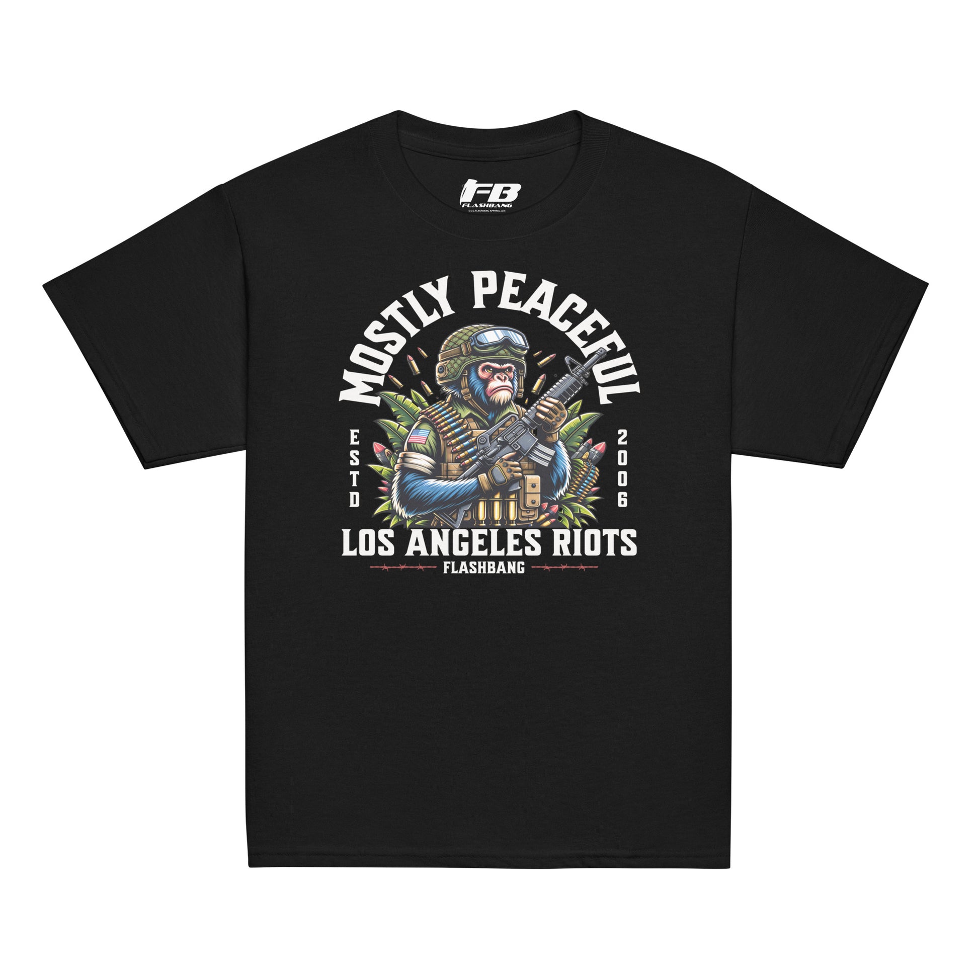 Black t-shirt with graphic design and text on a white background