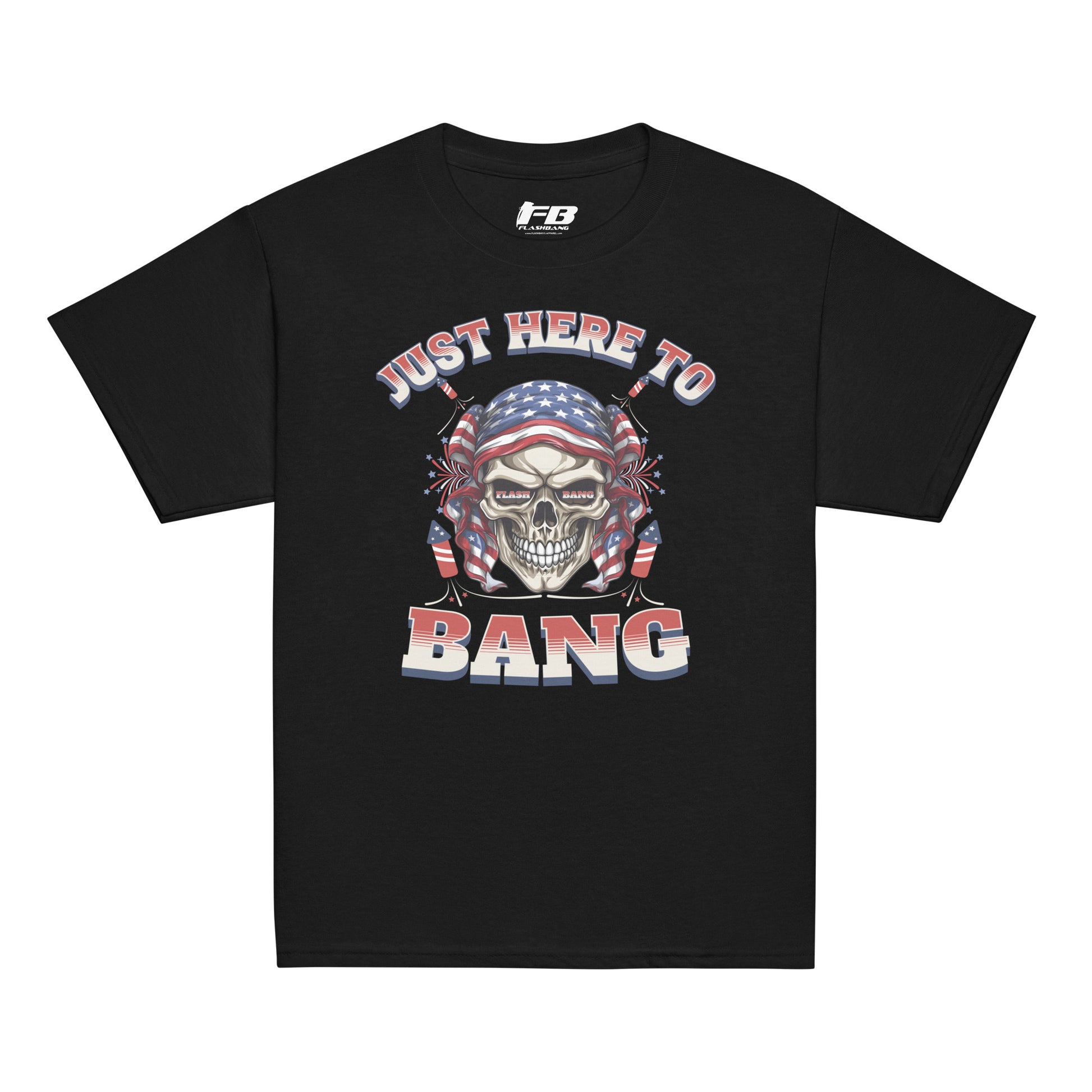 Black t-shirt with a graphic design featuring a skull and text on a white background
