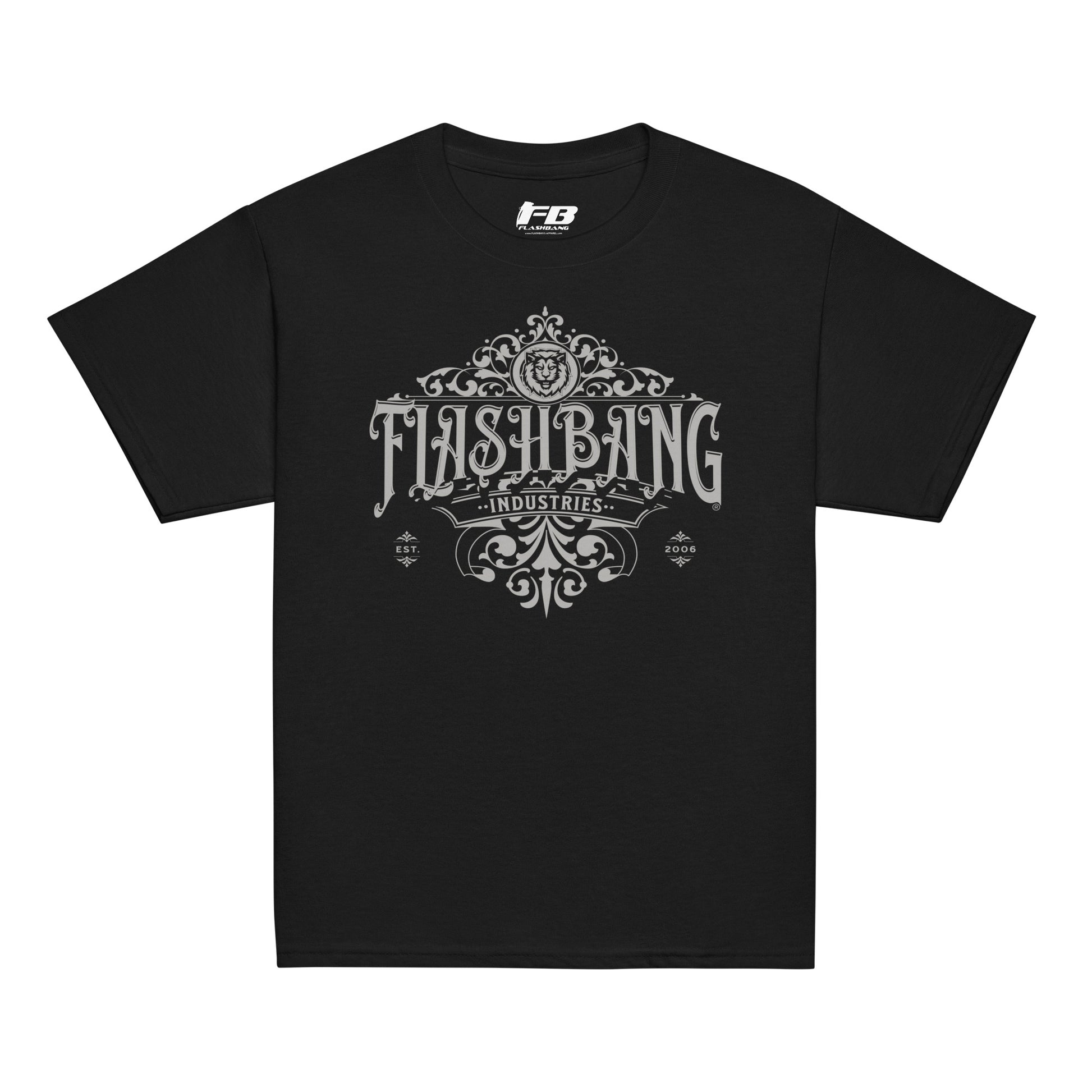 Black t-shirt with 'Flashbang Industries' graphic design on a white background