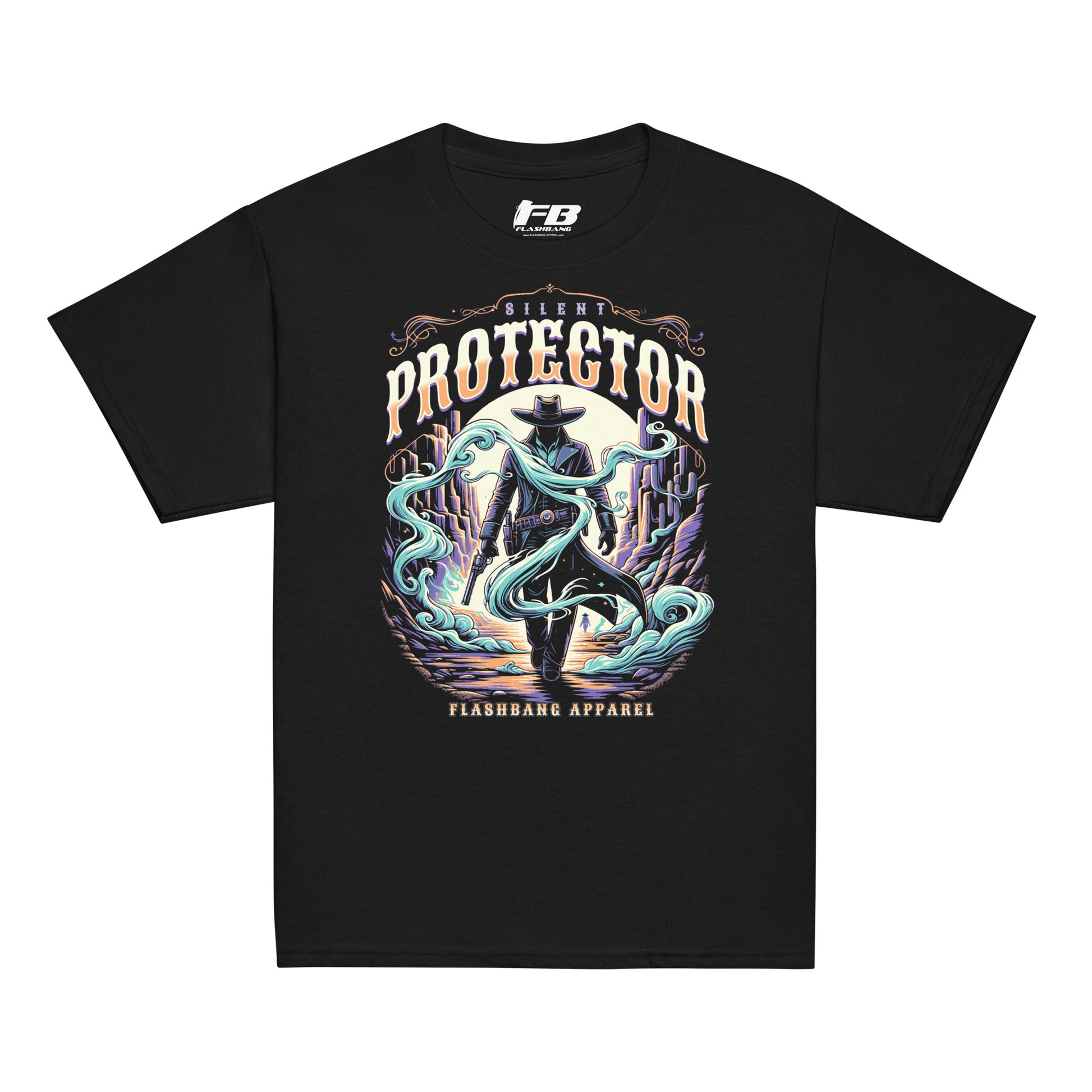 Black t-shirt with a graphic design of a cowboy and text 'Silent Protector' on a white background.