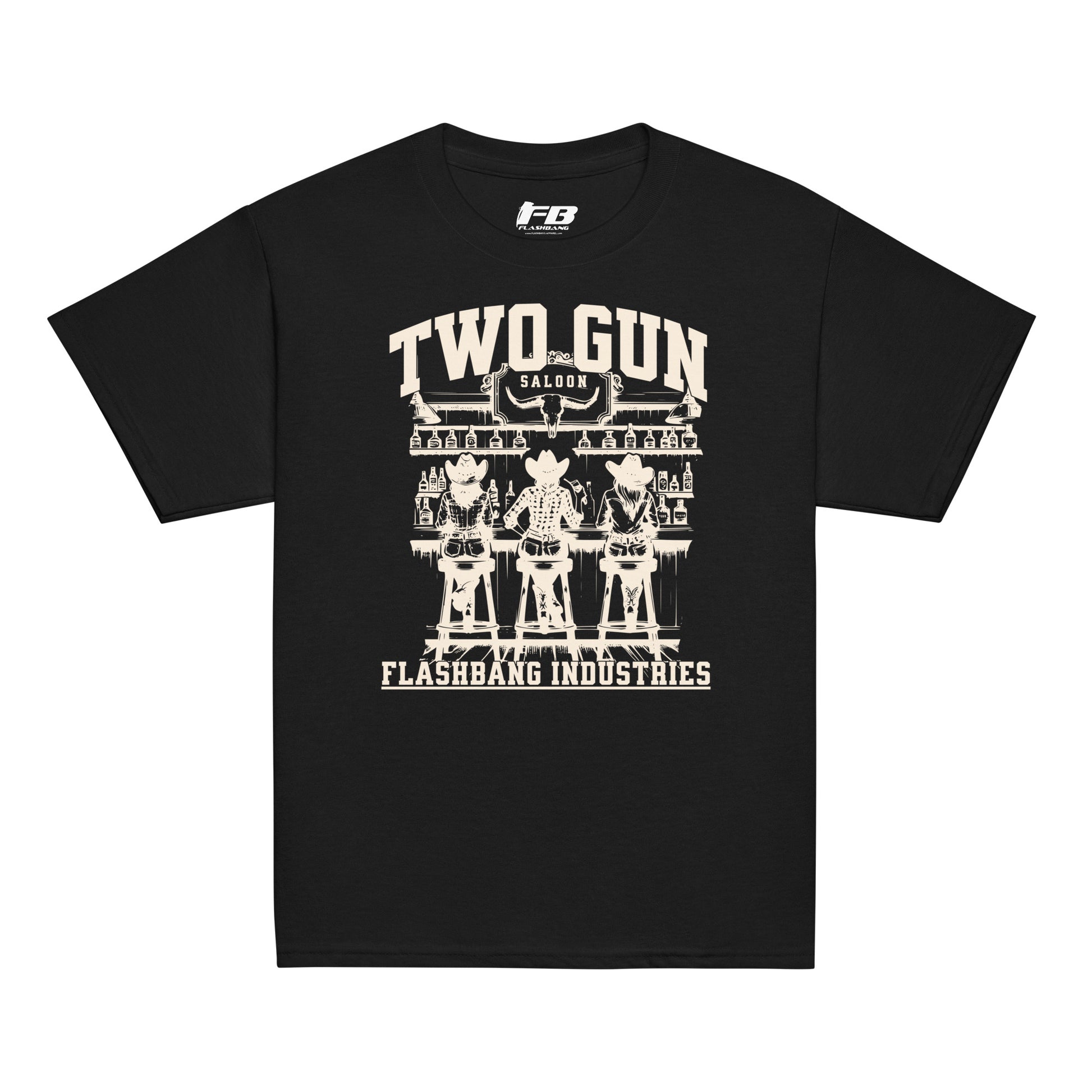 Black t-shirt with 'Two Gun Saloon' graphic design on a white background