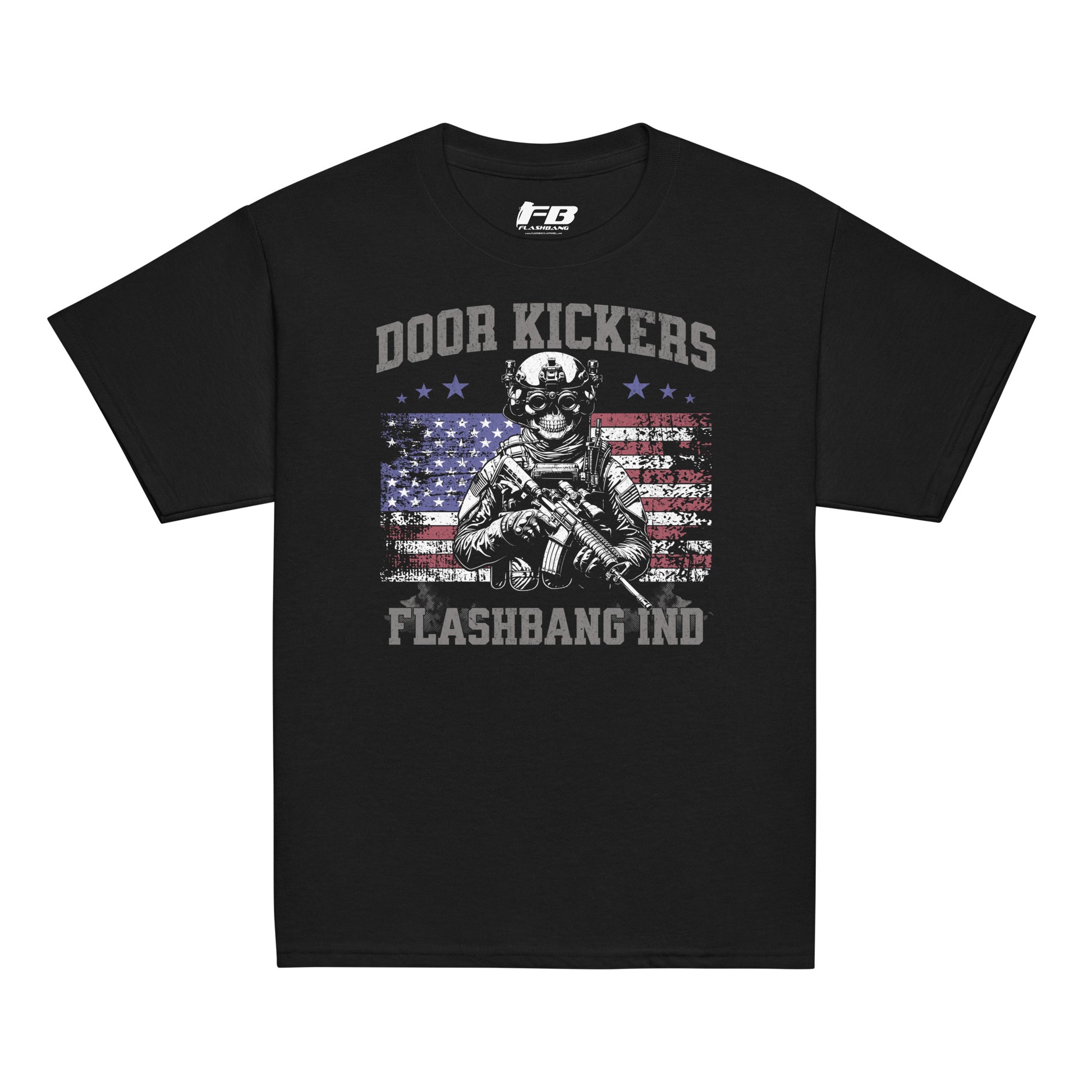 Black t-shirt with graphic design and text on a white background