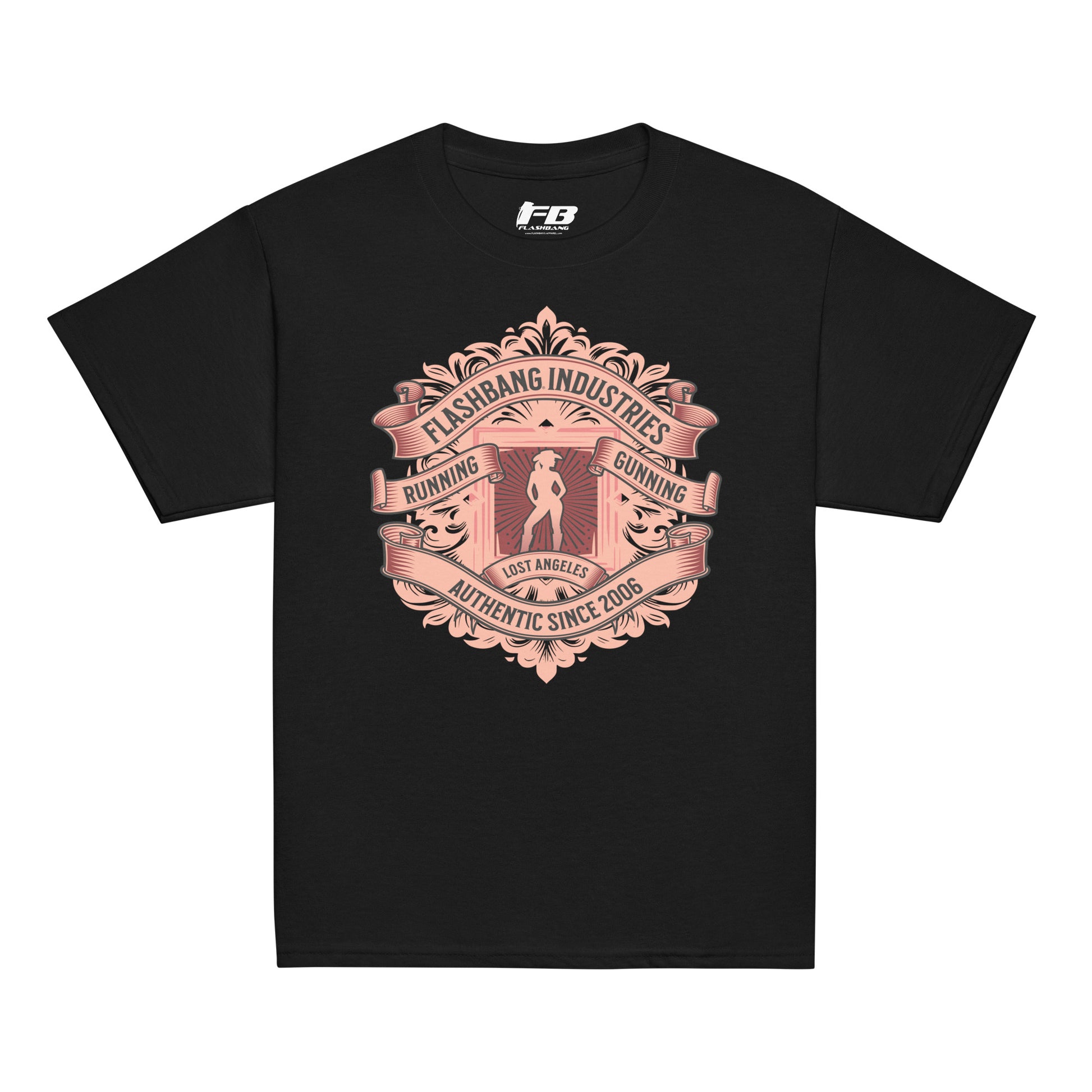 Black t-shirt with a pink logo and text on a white background