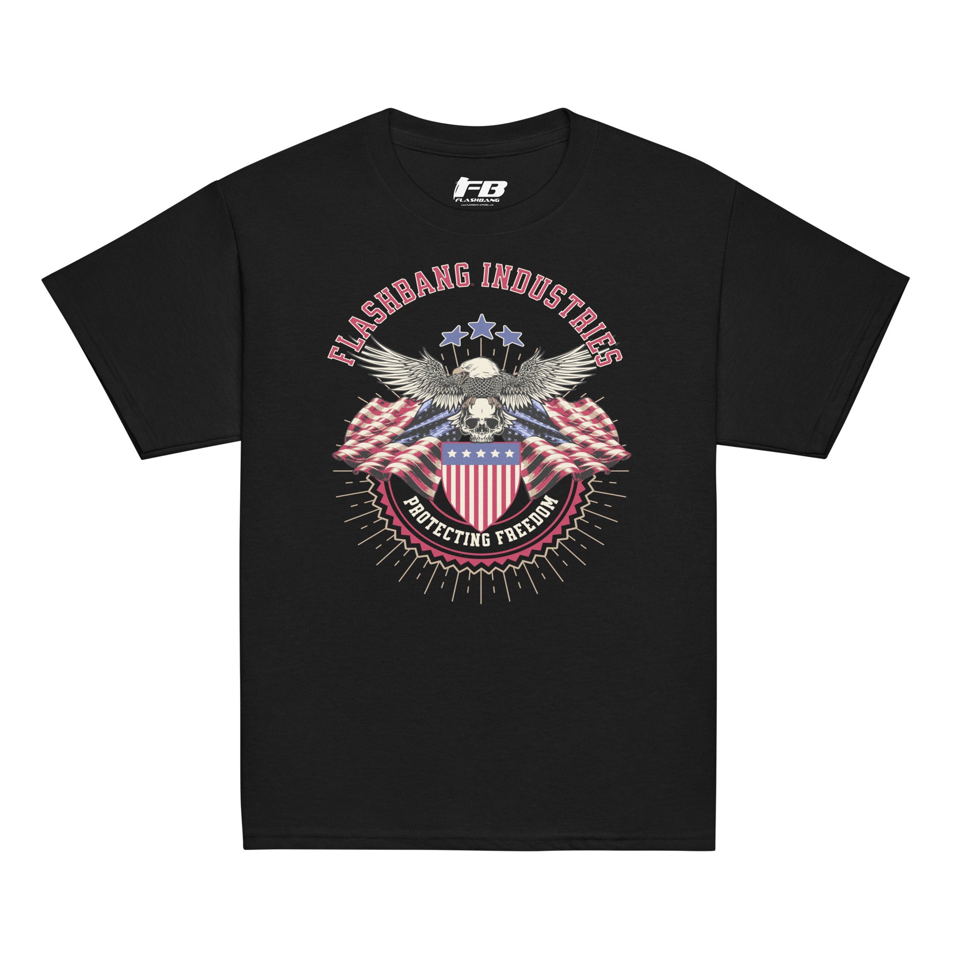 Black t-shirt with patriotic graphic and 'Flashbang Industries' text on a white background