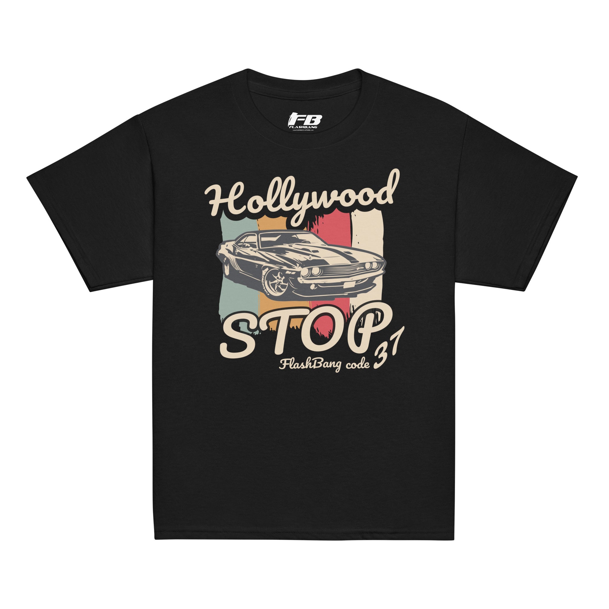 Black t-shirt with vintage car graphic and text on a white background
