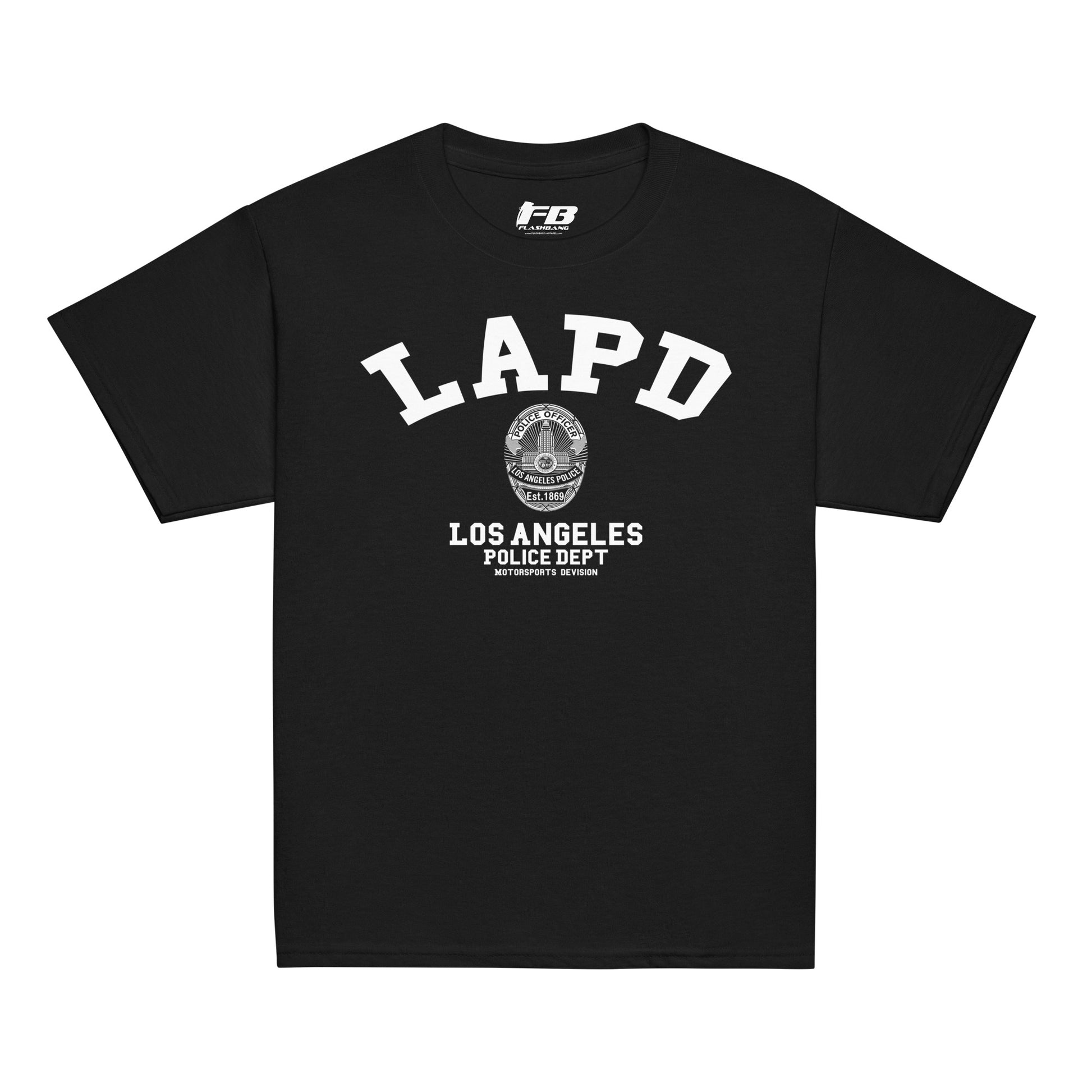 Black t-shirt with LAPD Los Angeles Police Dept logo on a white background