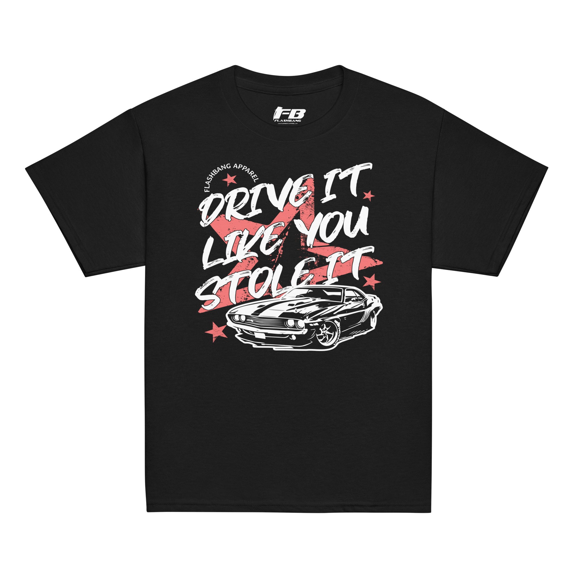 Black t-shirt with graphic design and text on a white background