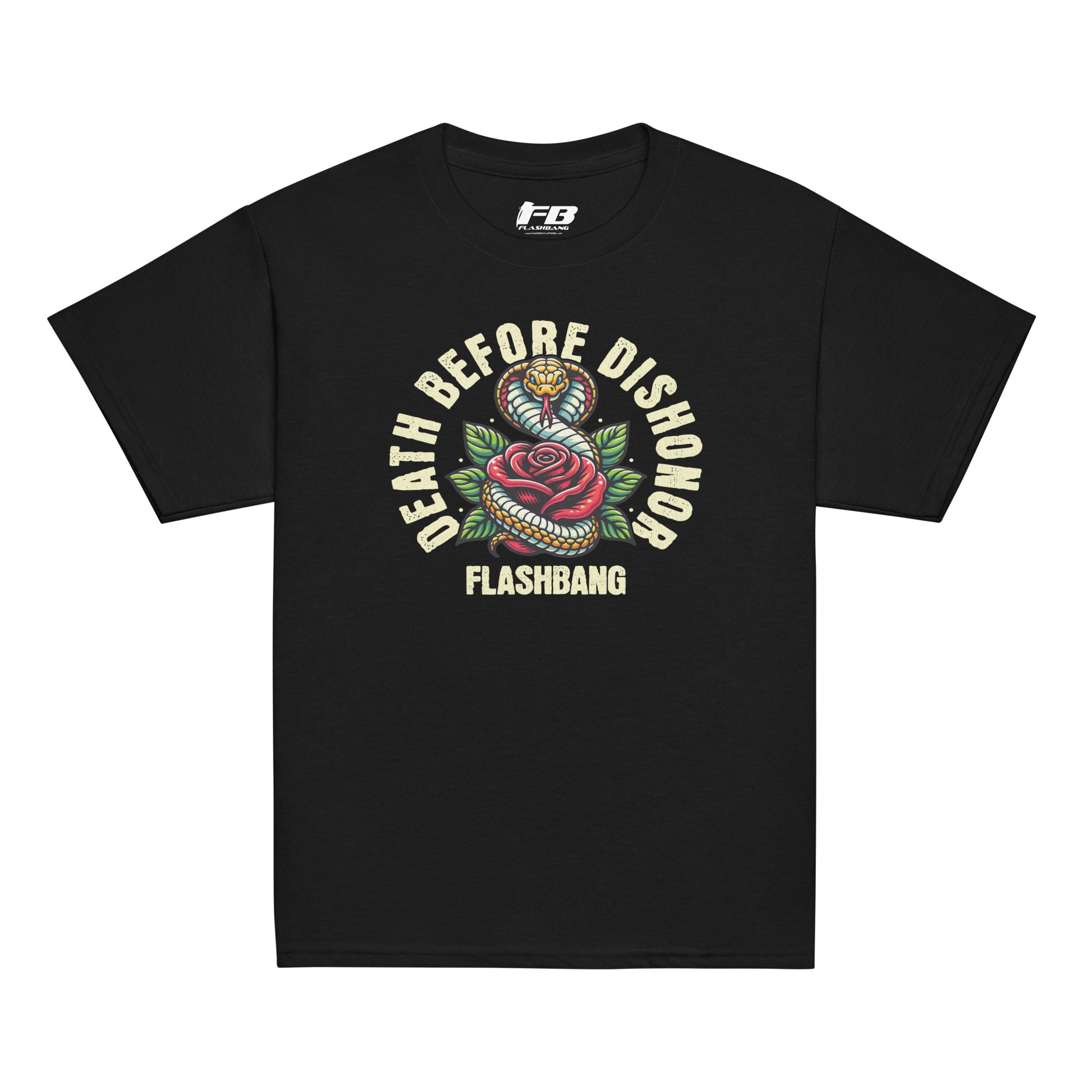 Black t-shirt with 'Death Before Dishonor Flashbang' graphic design on a white background