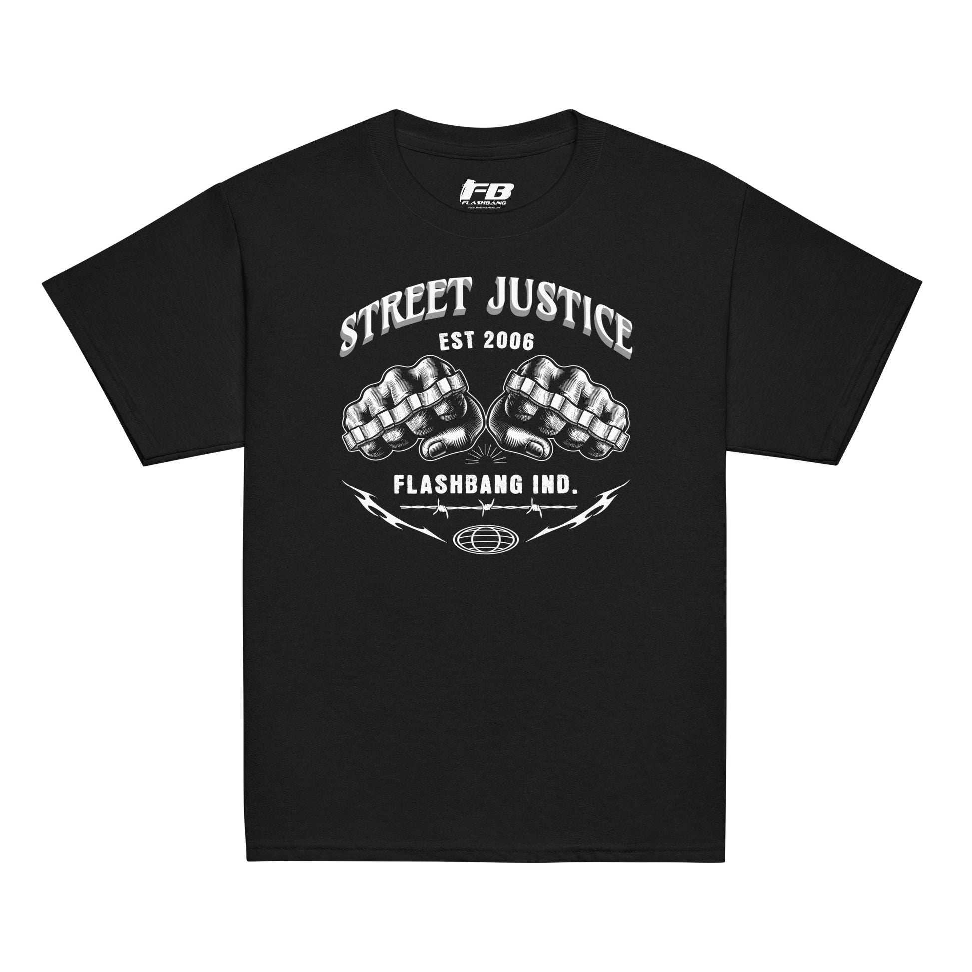 Black t-shirt with white graphic design on a white background