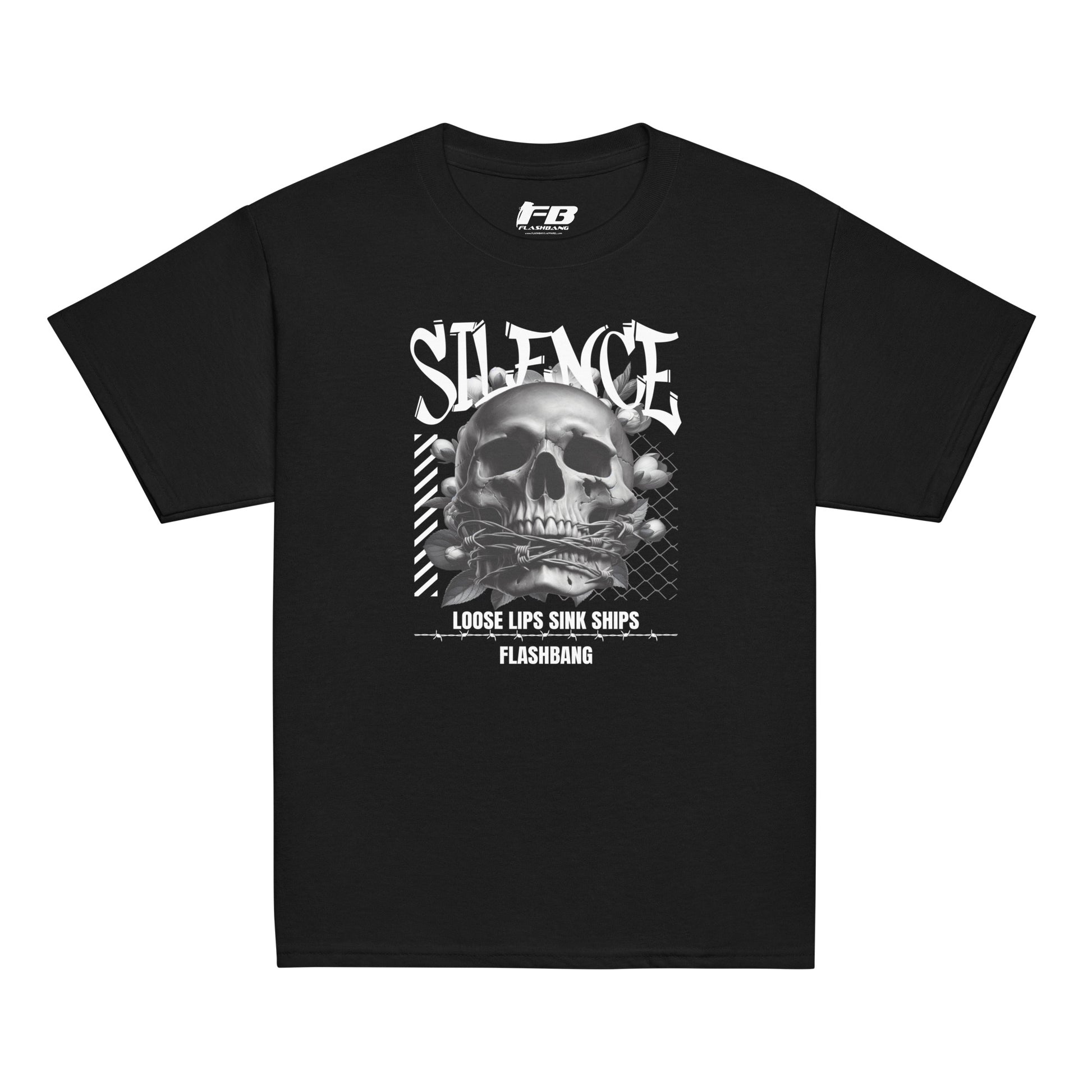 Black t-shirt with skull graphic and text on a white background