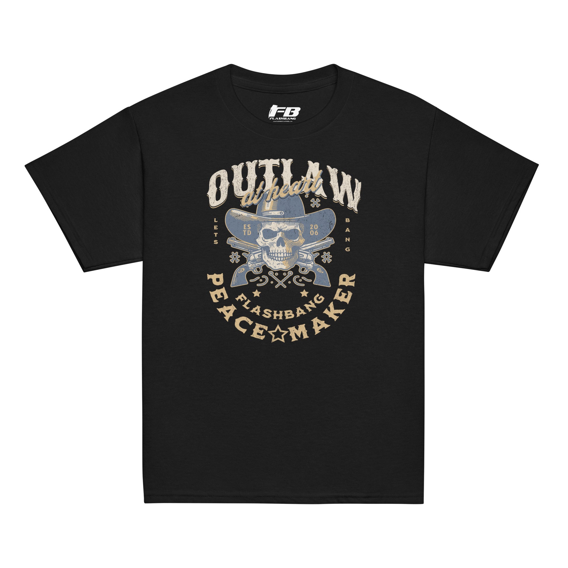 Black t-shirt with graphic design featuring a skull and text on a white background