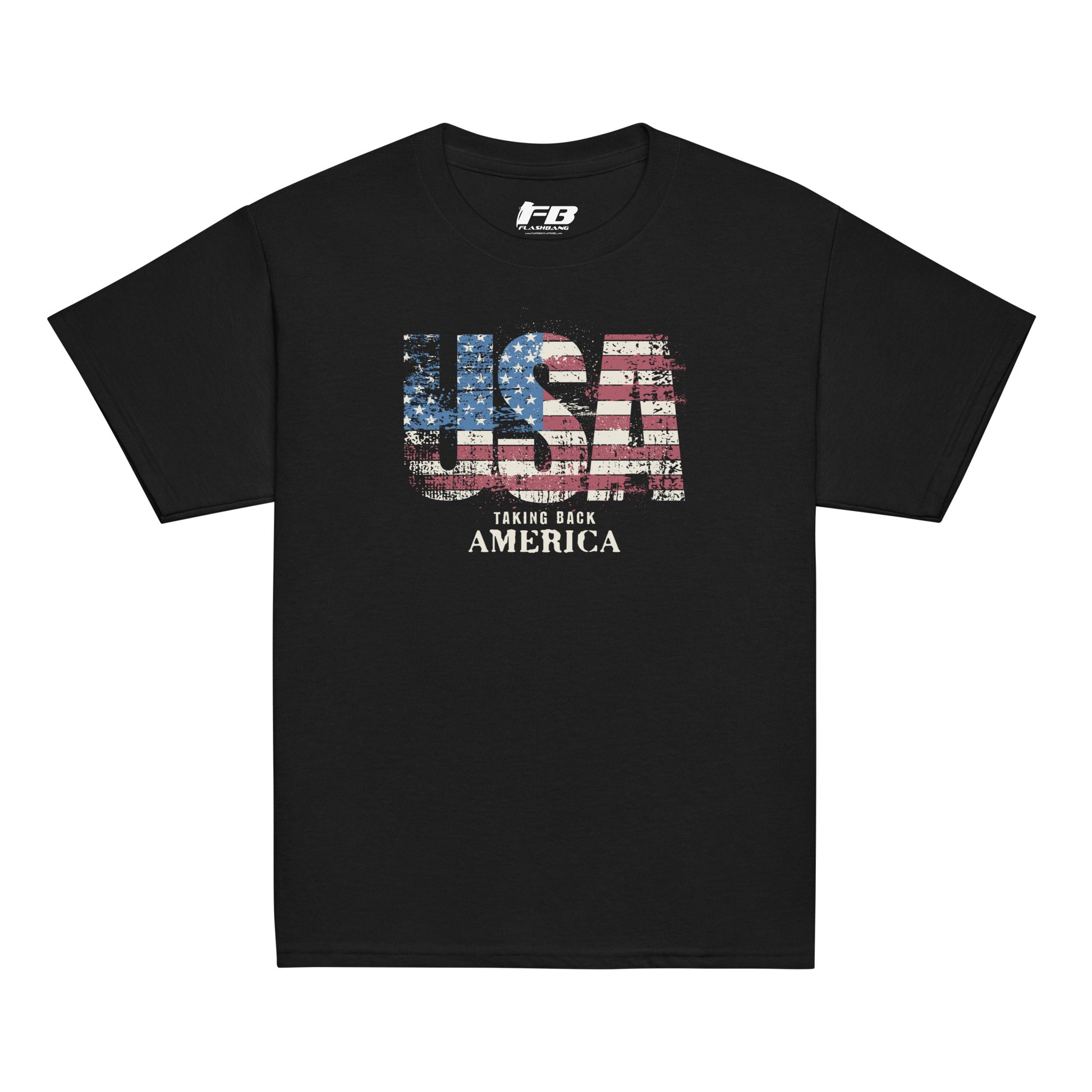 Black t-shirt with 'USA Taking Back America' graphic on a white background