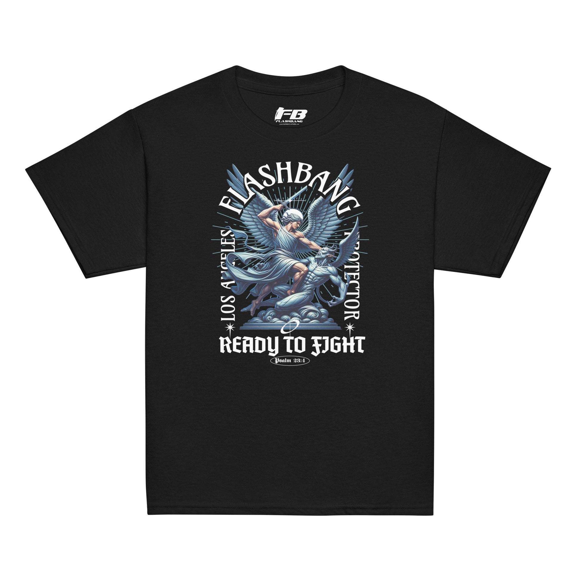 Black t-shirt with graphic design and text on a white background