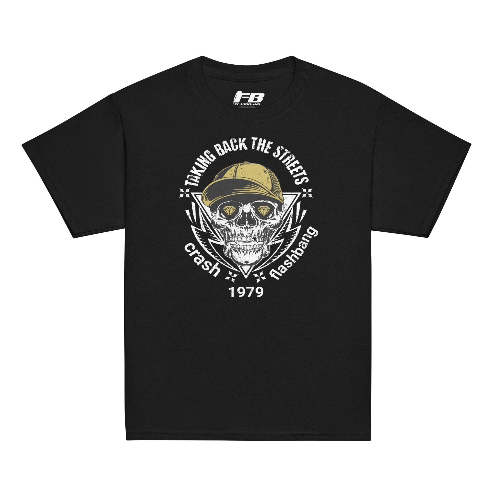 Black t-shirt with a skull graphic and text on a white background