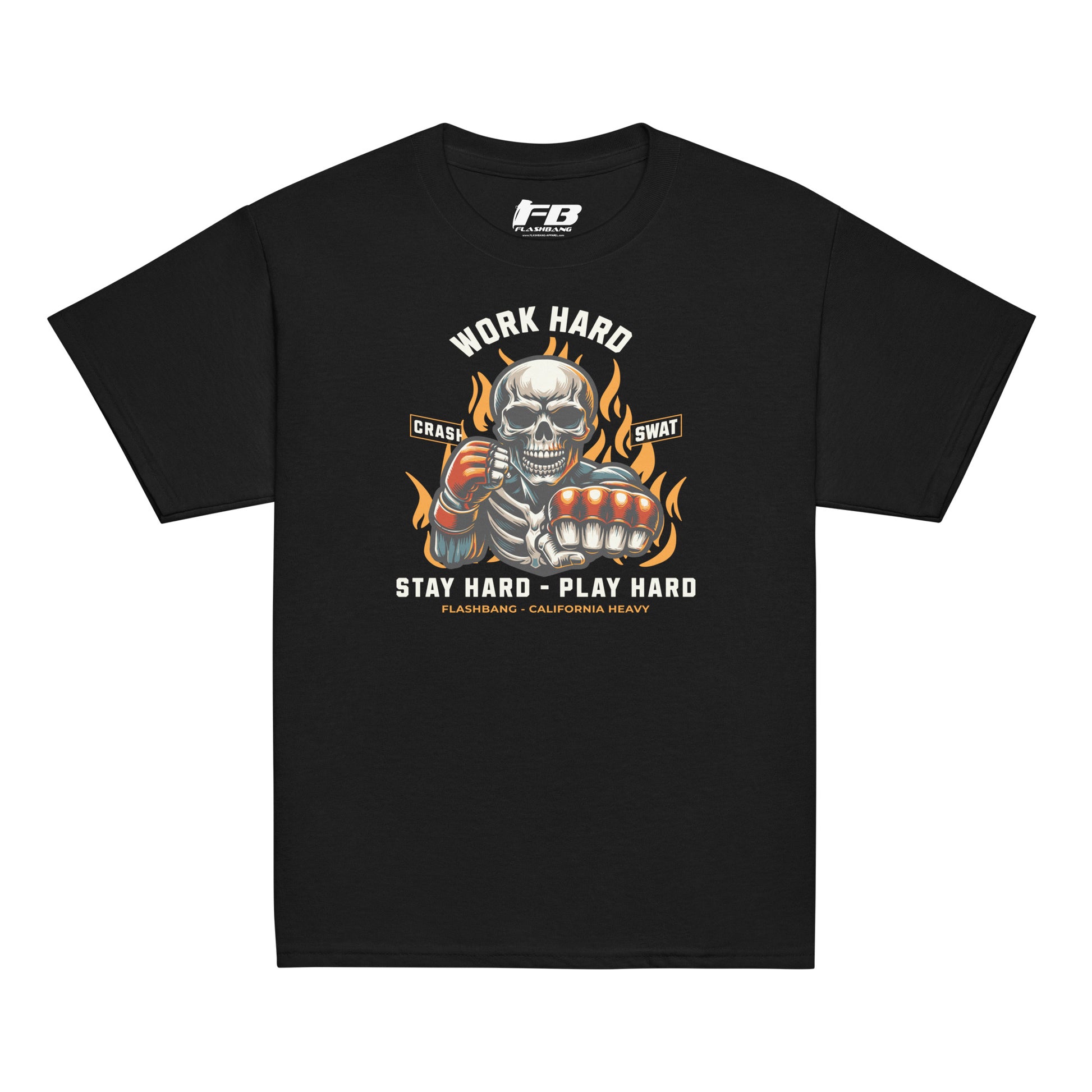 Black t-shirt with a graphic design featuring a skeleton and text on a white background