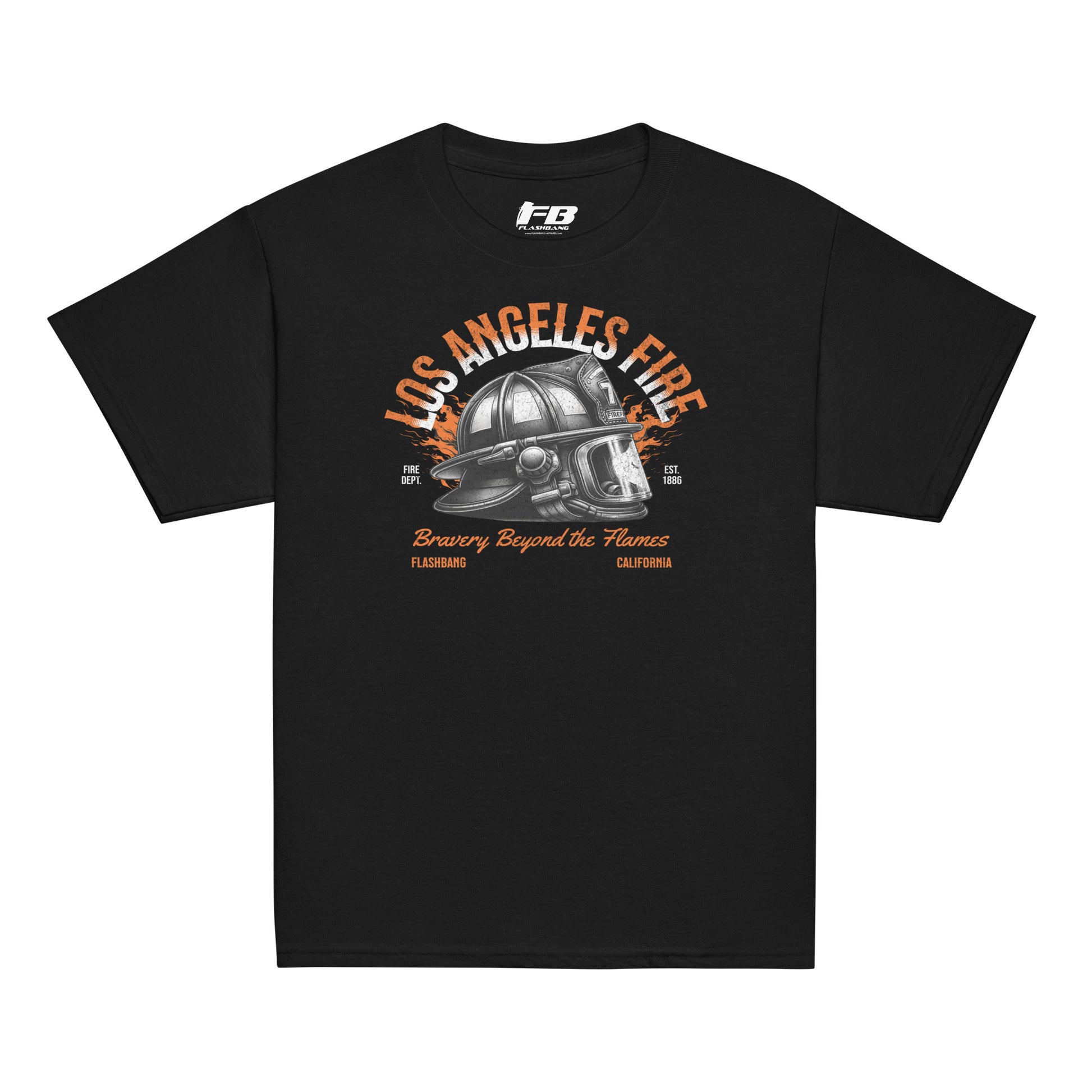 Black t-shirt with 'Los Angeles Fire' graphic design on a white background