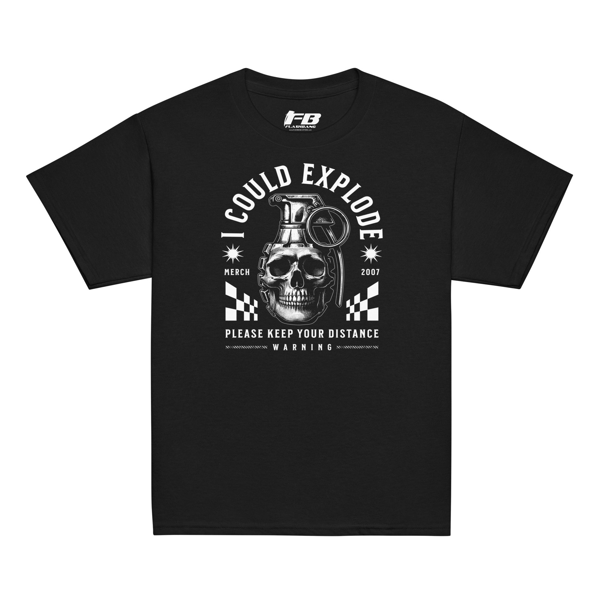 Black t-shirt with a graphic design featuring a skull and warning text on a white background
