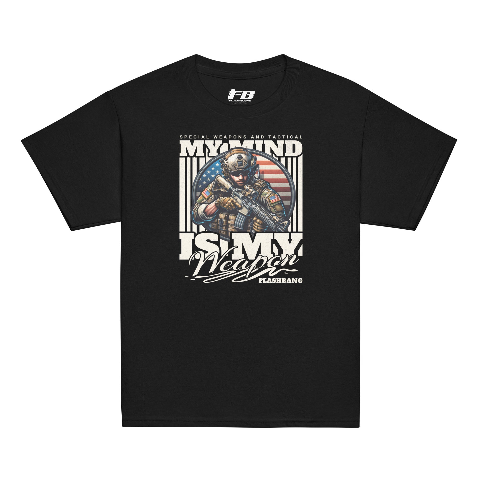 Black t-shirt with graphic design featuring a soldier and text on a white background
