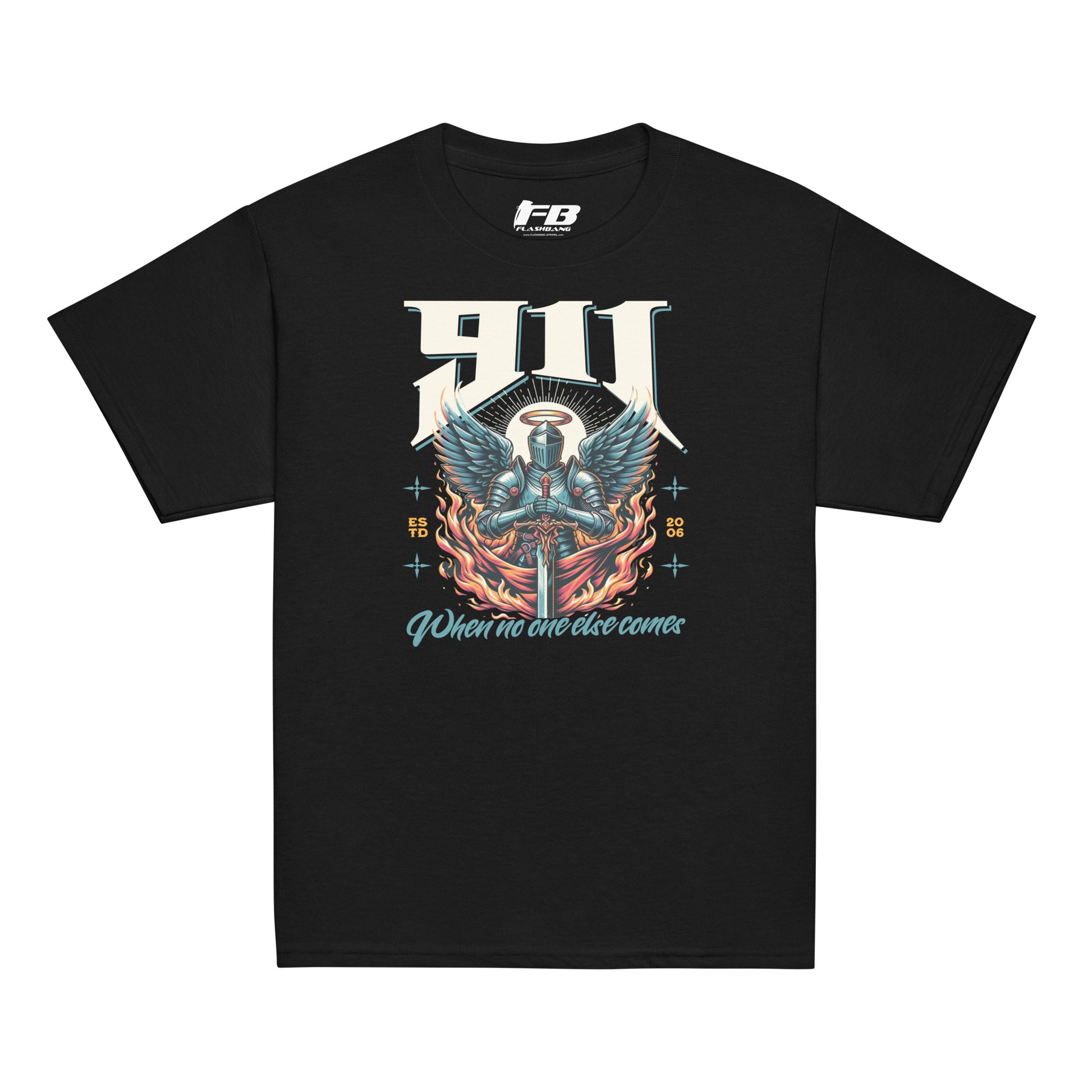 Black t-shirt with a colorful graphic design on a white background