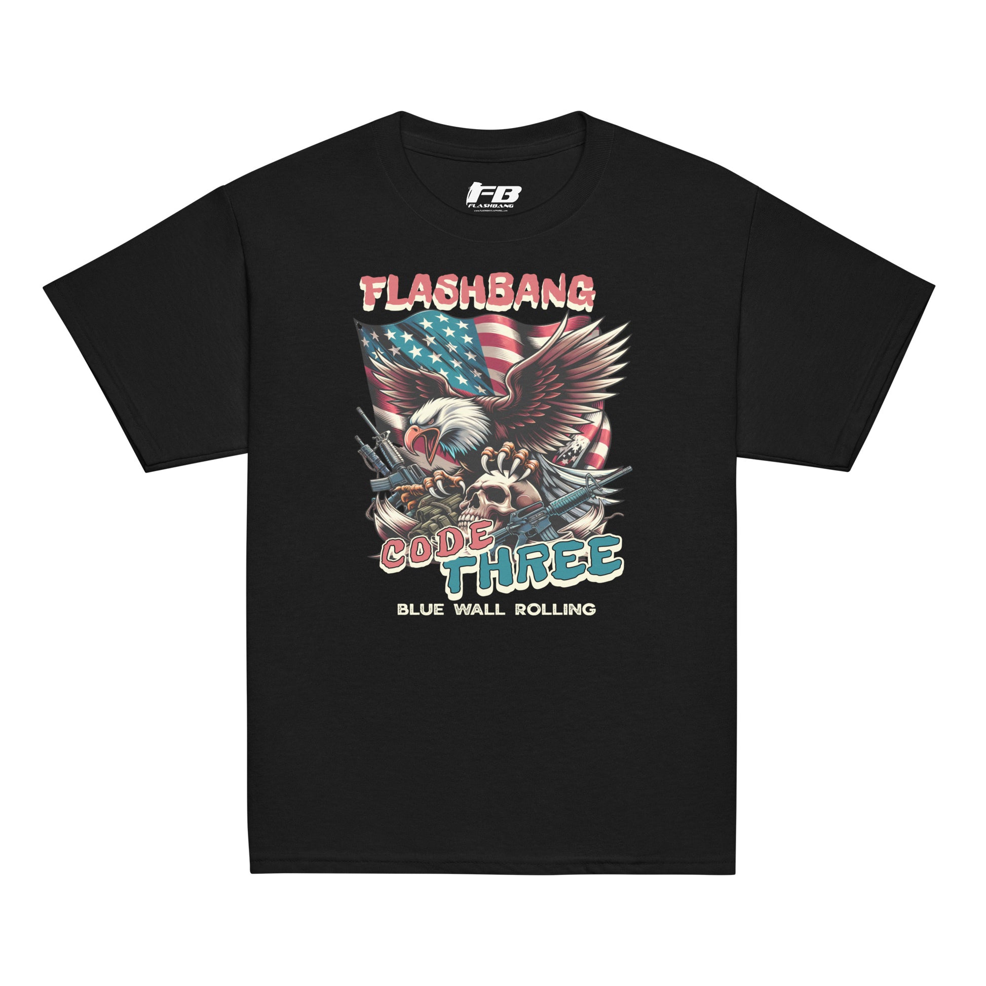 Black t-shirt with graphic design featuring an eagle, American flag, and text on a white background