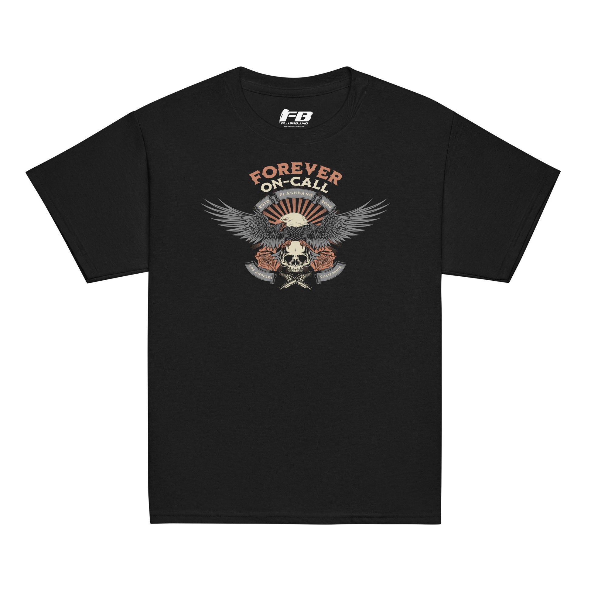 Black t-shirt with eagle and skull design and 'Forever On Call' text on a white background