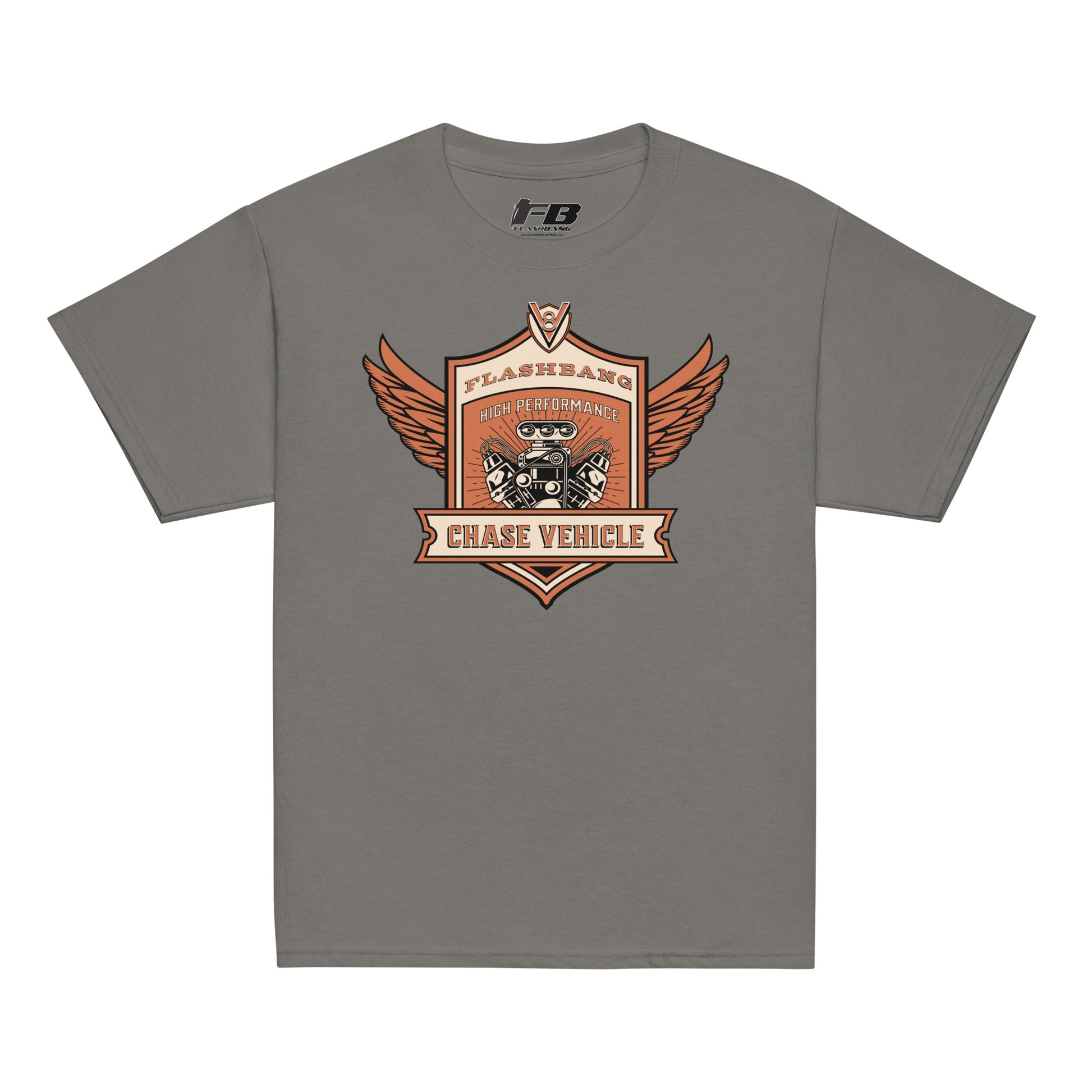 Gray t-shirt with a graphic design on a white background