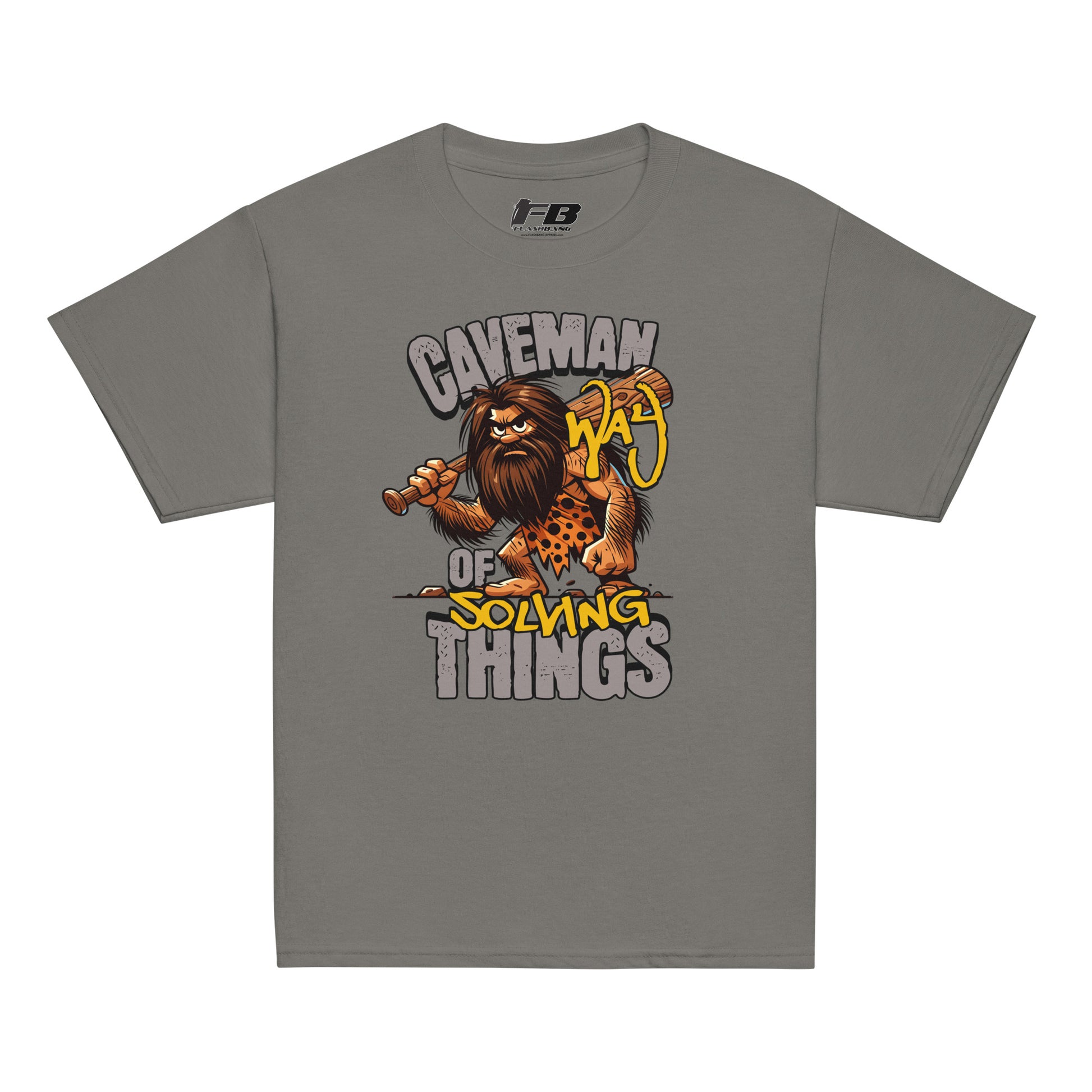 Gray t-shirt with a caveman graphic and text on a white background
