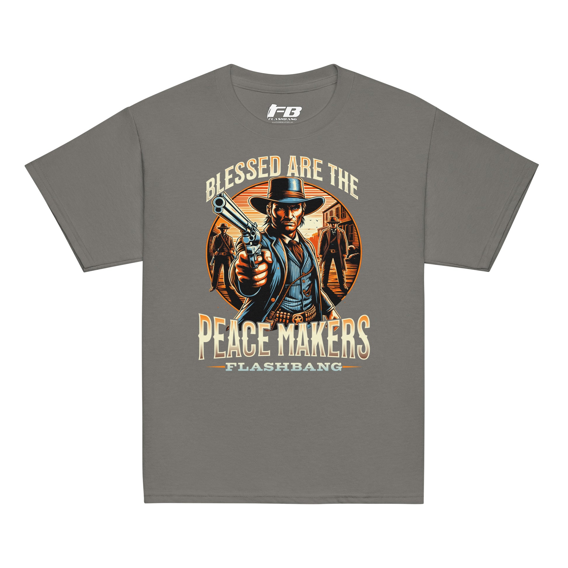 Gray t-shirt with a graphic of a cowboy holding a gun and text 'Blessed are the Peacemakers' on a white background.
