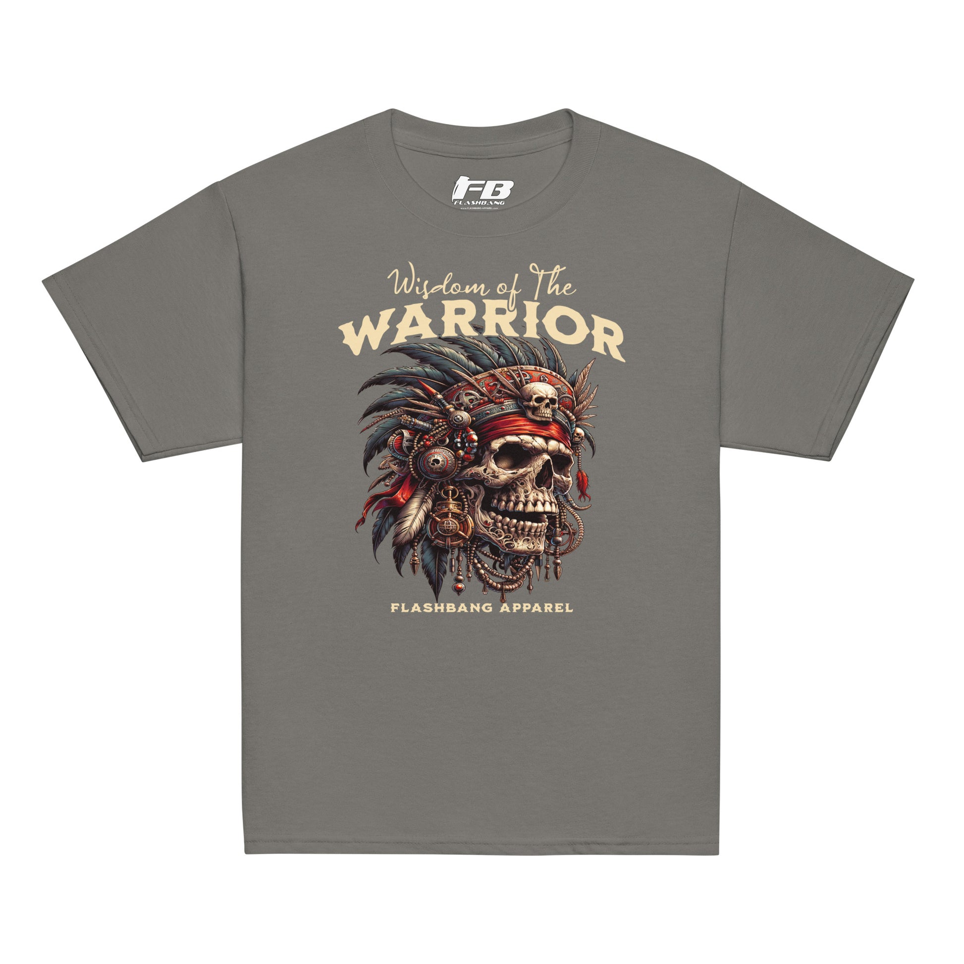 Gray t-shirt with 'Warrior' design and 'Flashbang Apparel' branding on a white background