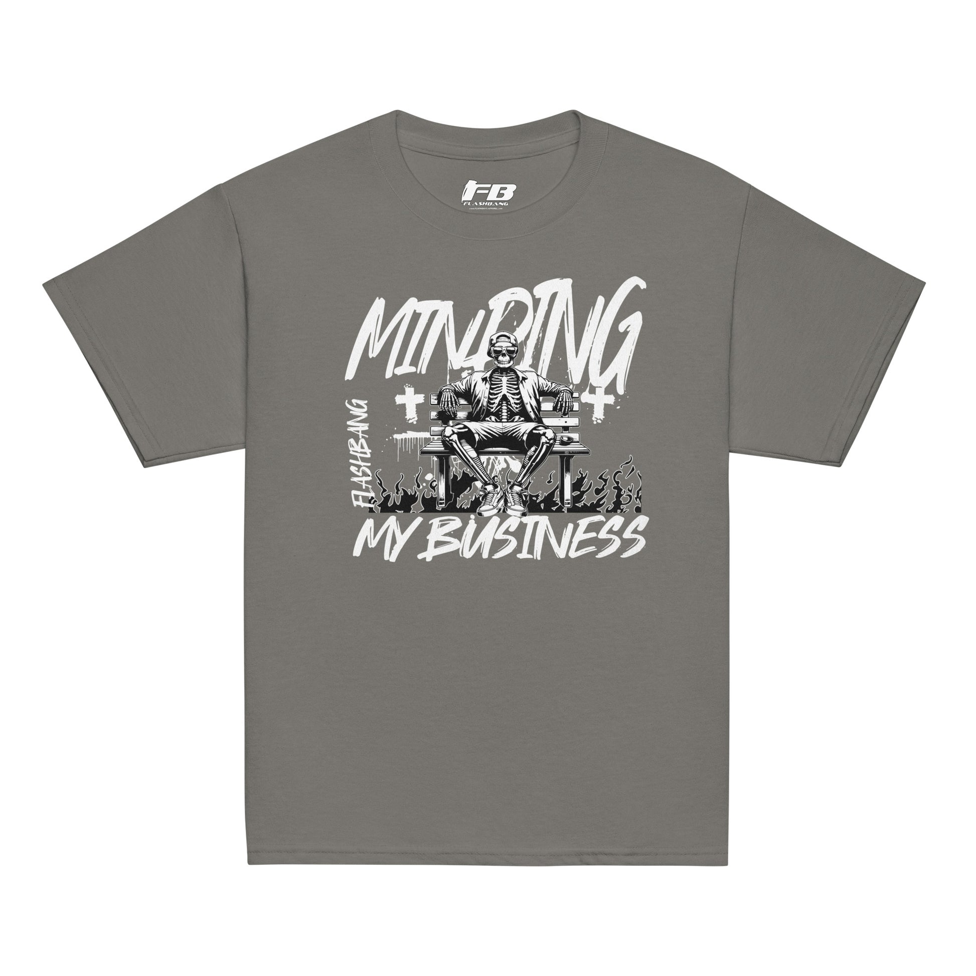 Gray t-shirt with a skeleton mining graphic and text on a white background