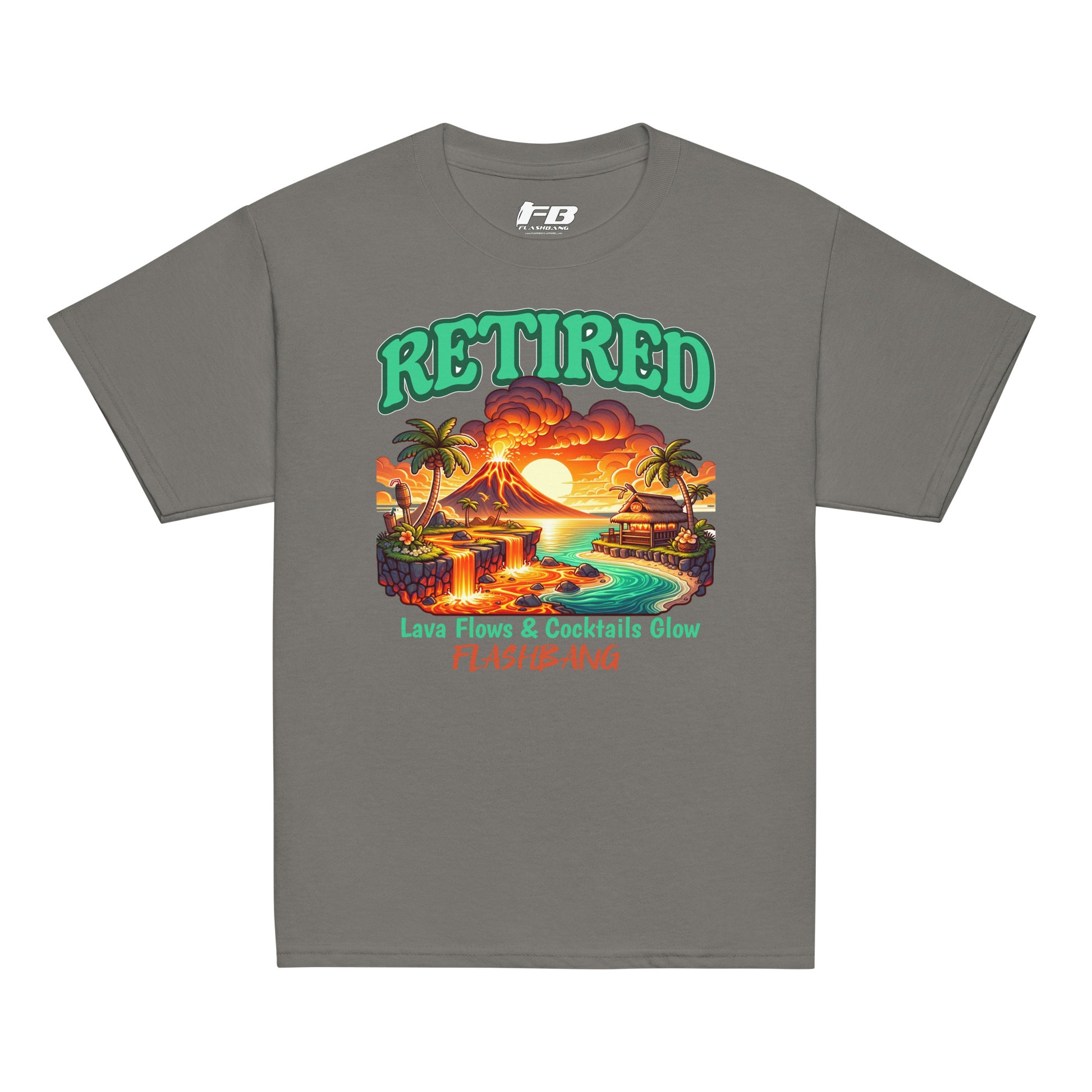 Gray t-shirt with a tropical graphic and 'Retired' text on a white background