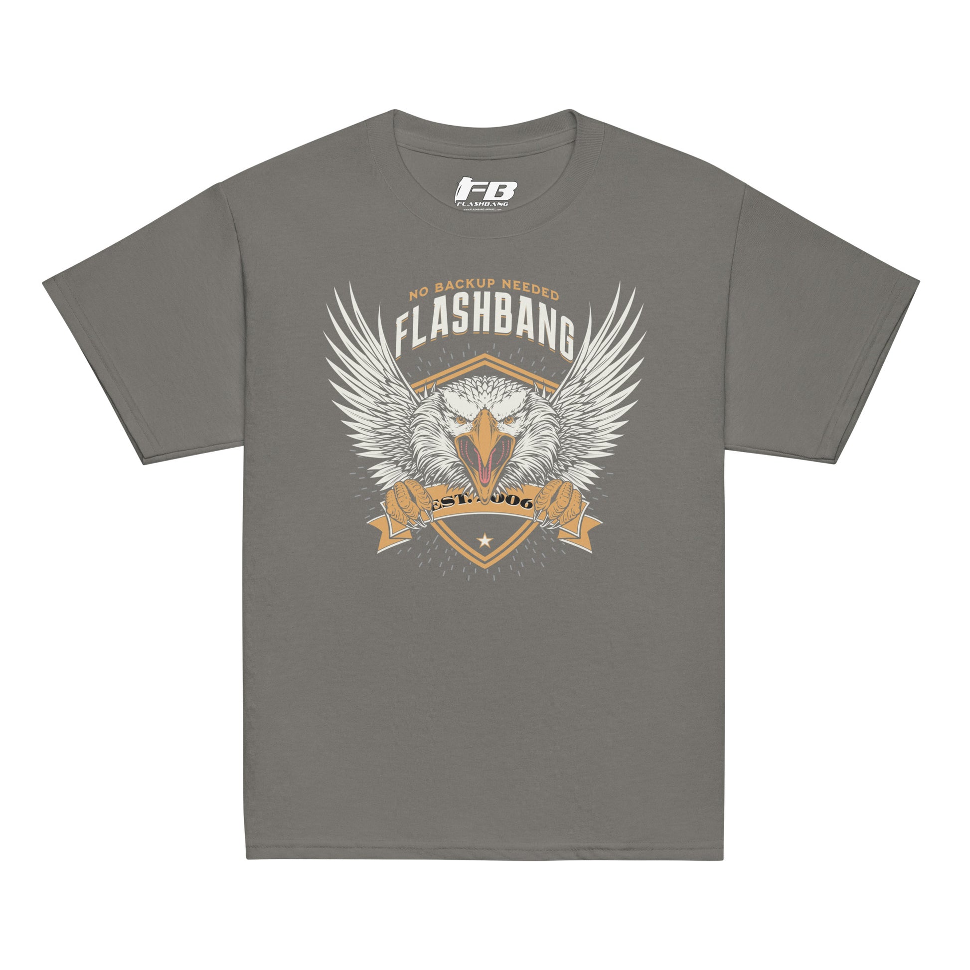 Gray t-shirt with eagle graphic and 'Flashbang' text on a white background