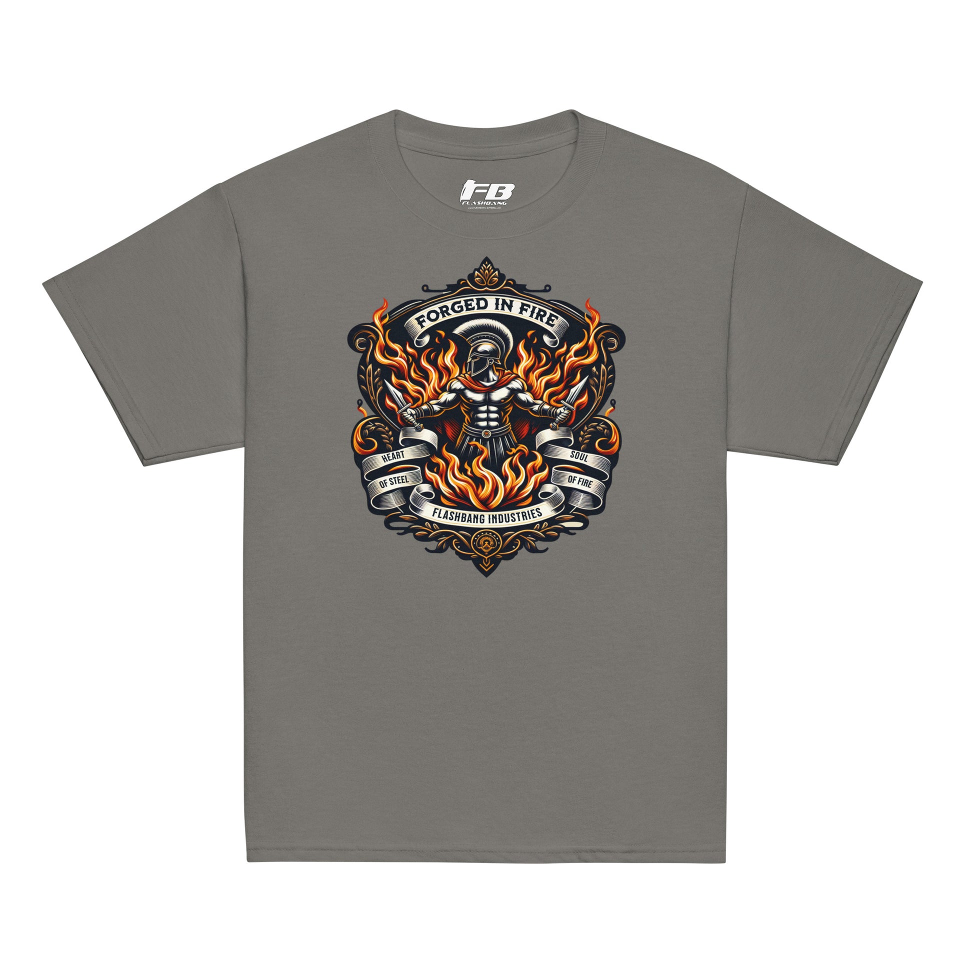 Gray t-shirt with a graphic design on a white background