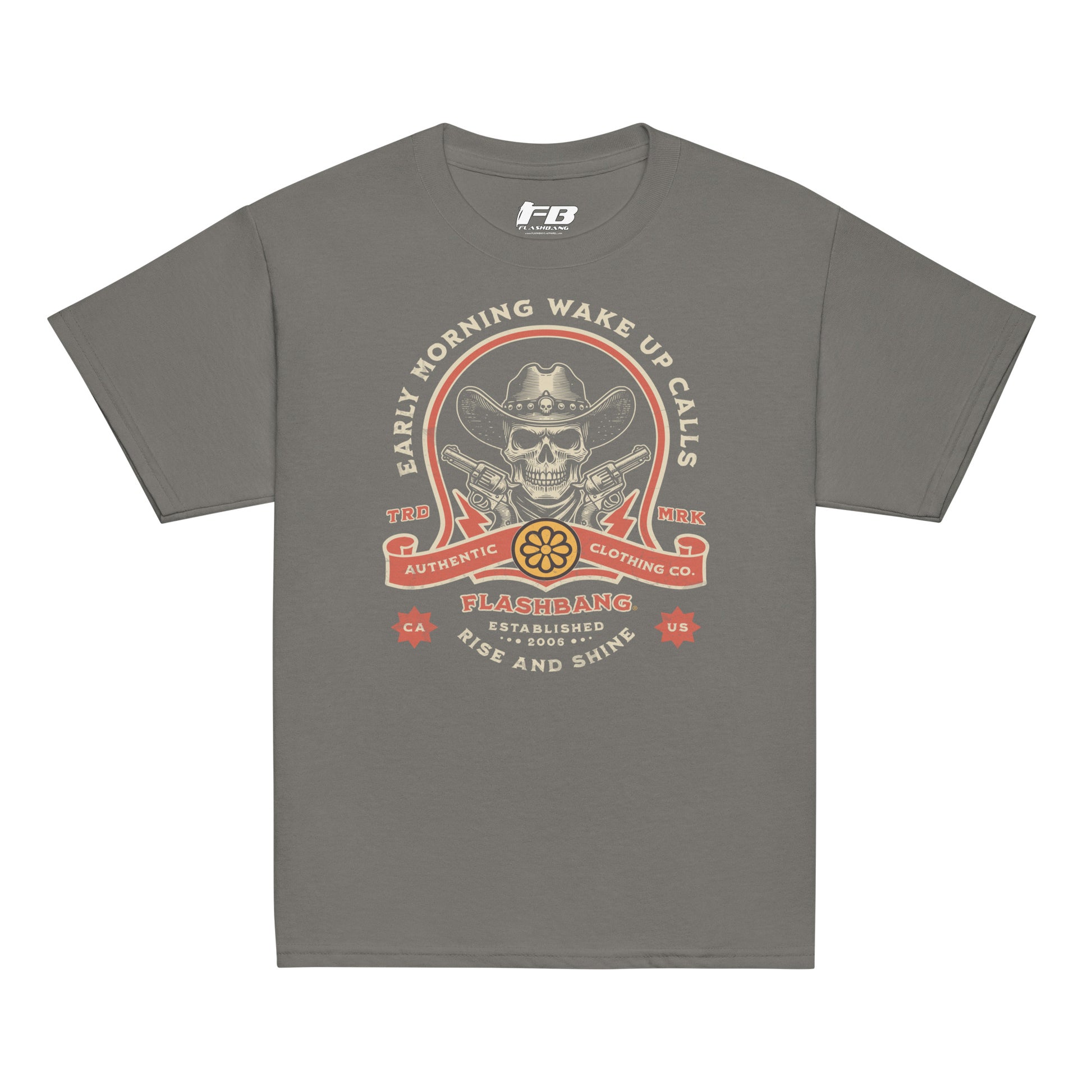 Gray t-shirt with a graphic design featuring a skull and text on a white background