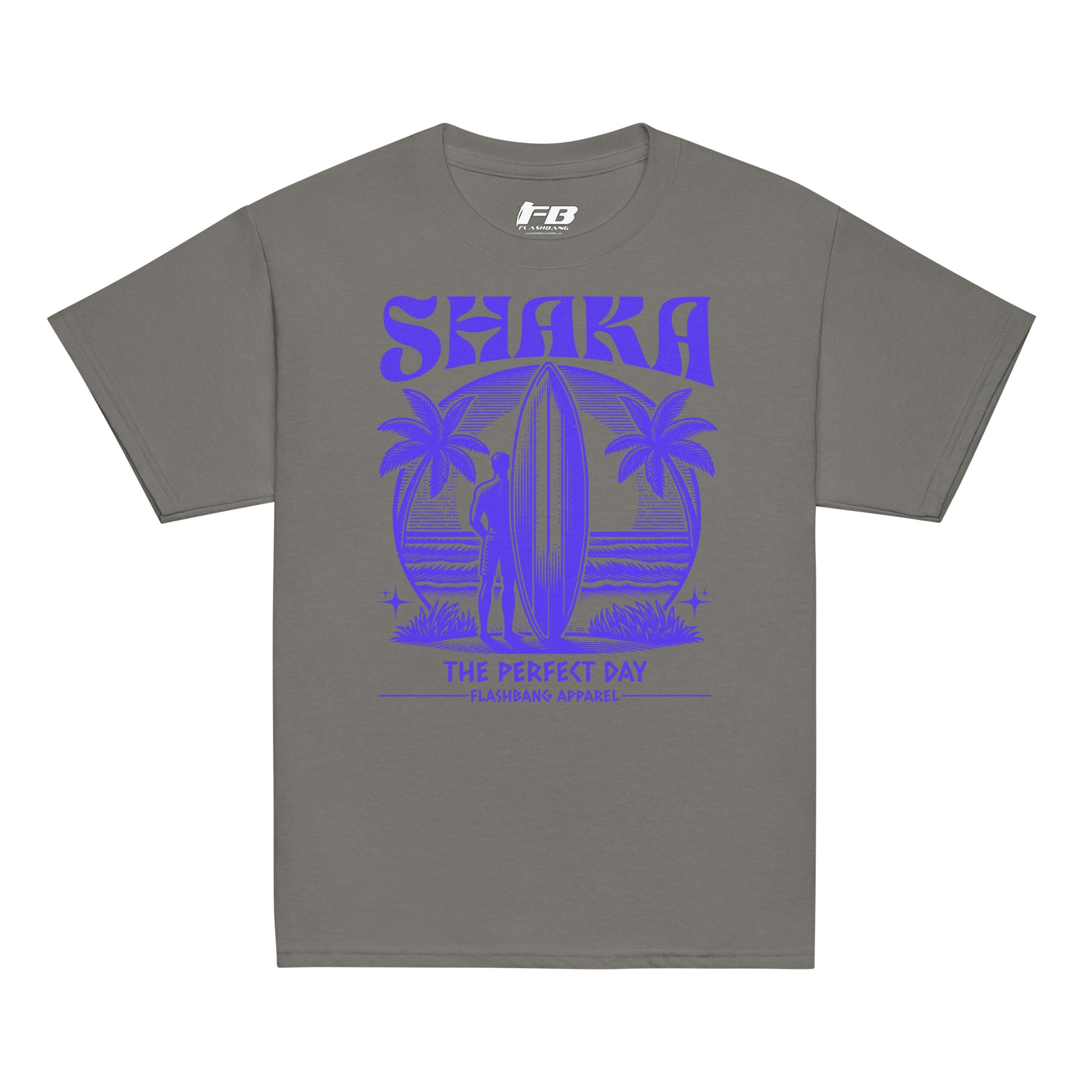 Gray t-shirt with blue 'Shaka' graphic design on a white background