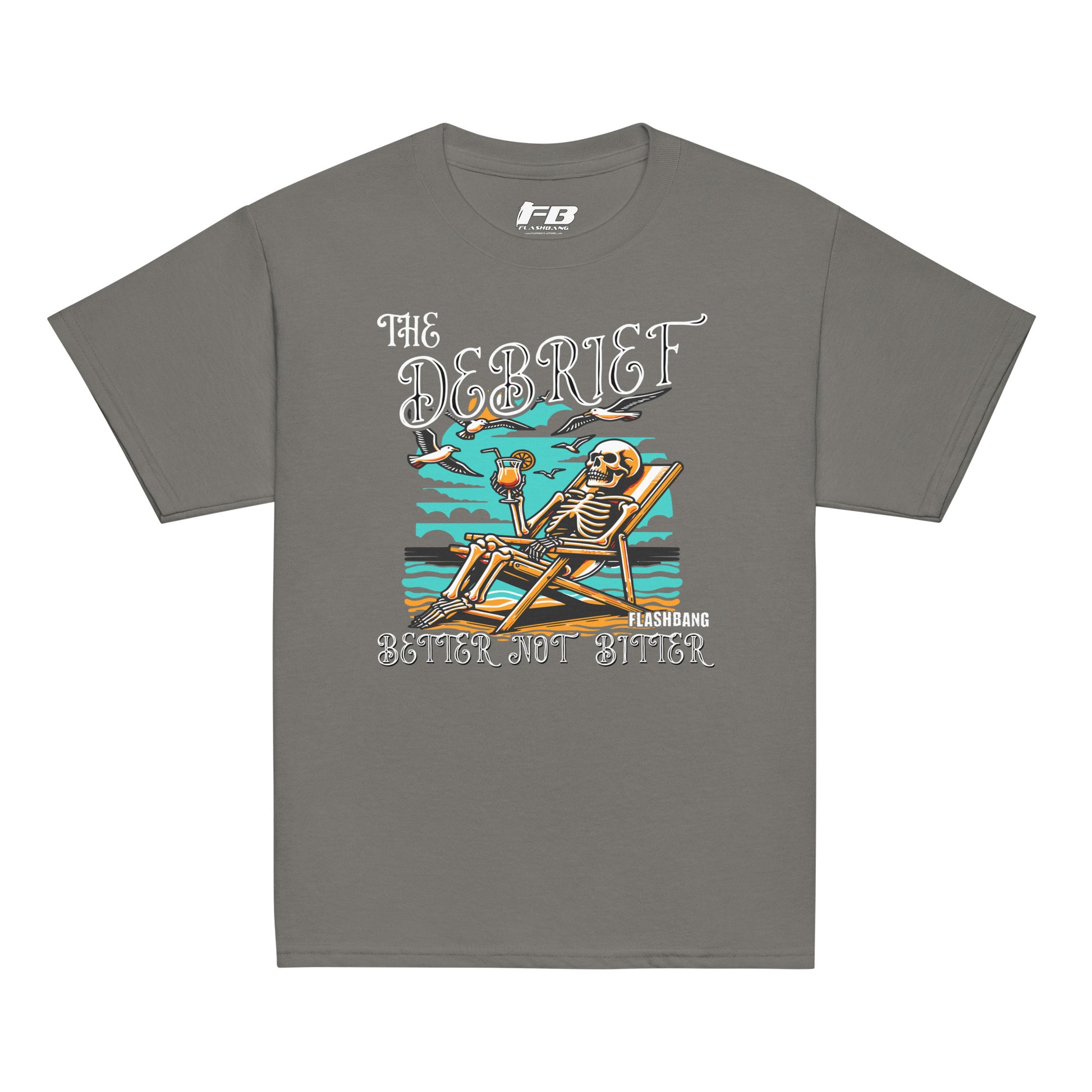 Gray t-shirt with a skeleton graphic and text on a white background