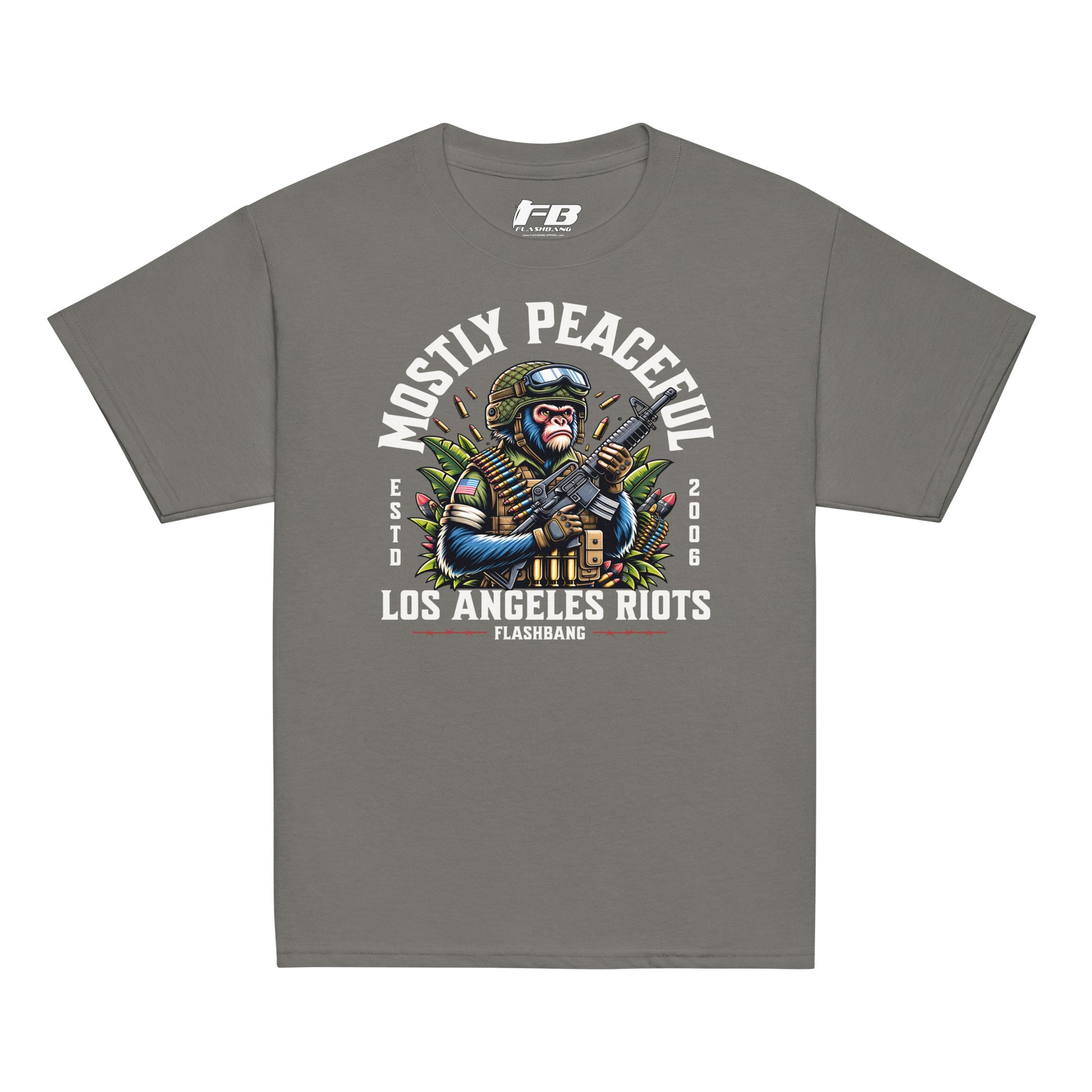 Gray t-shirt with graphic design featuring a monkey and text on a white background