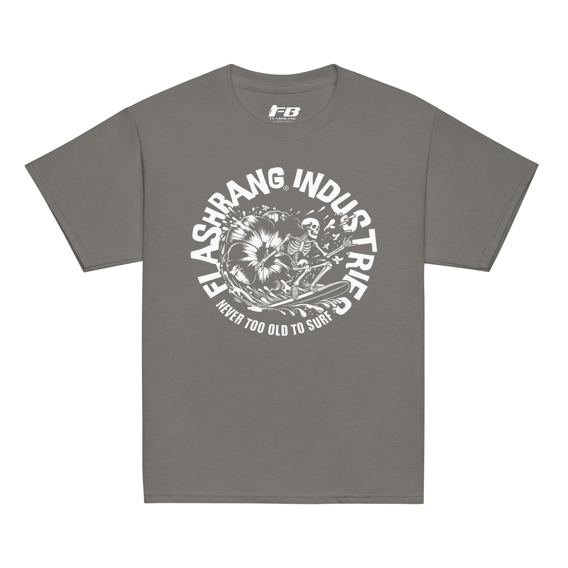 Gray t-shirt with white graphic and text on a white background