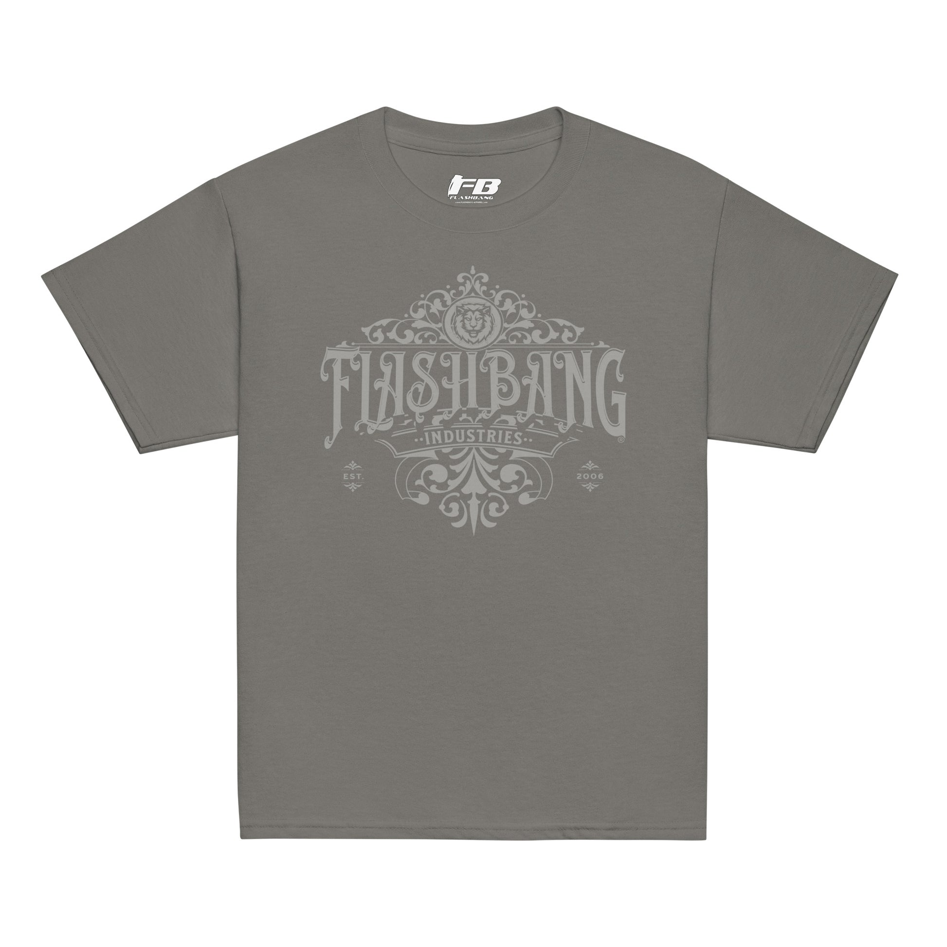 Gray t-shirt with 'Flashbang Industries' logo on a white background