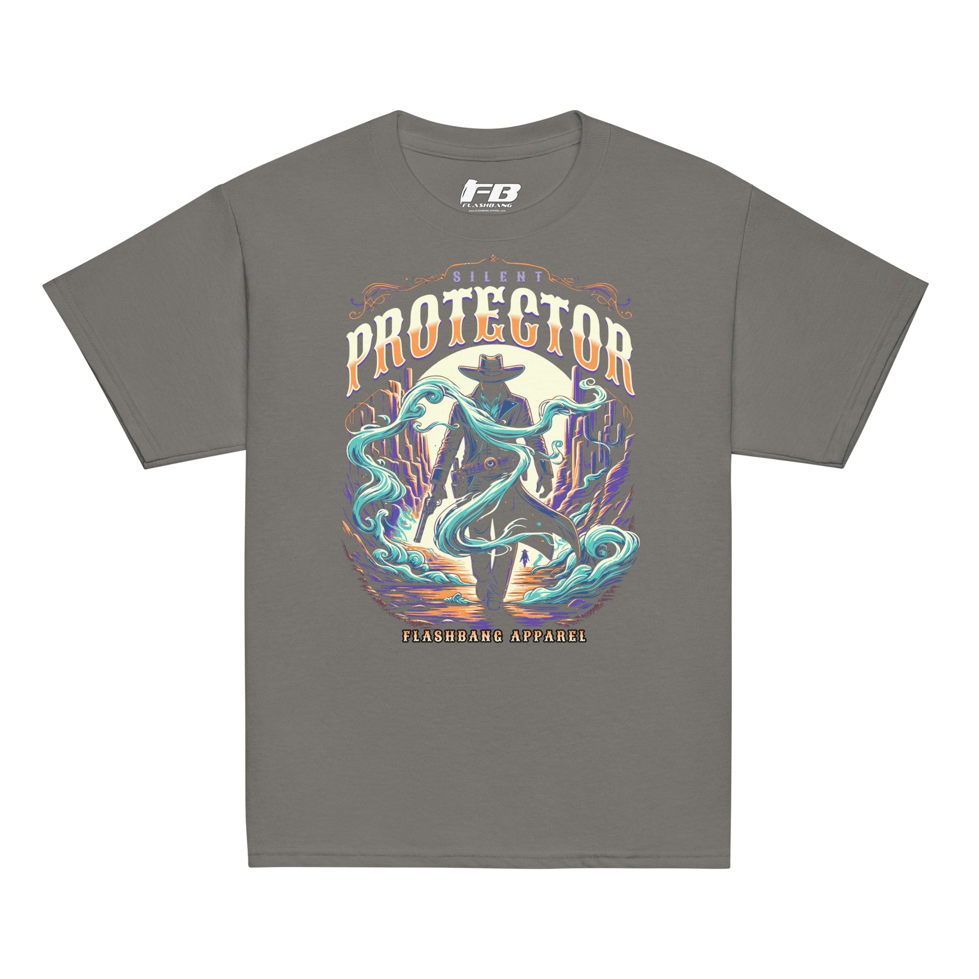 Gray t-shirt with a colorful graphic design on a white background