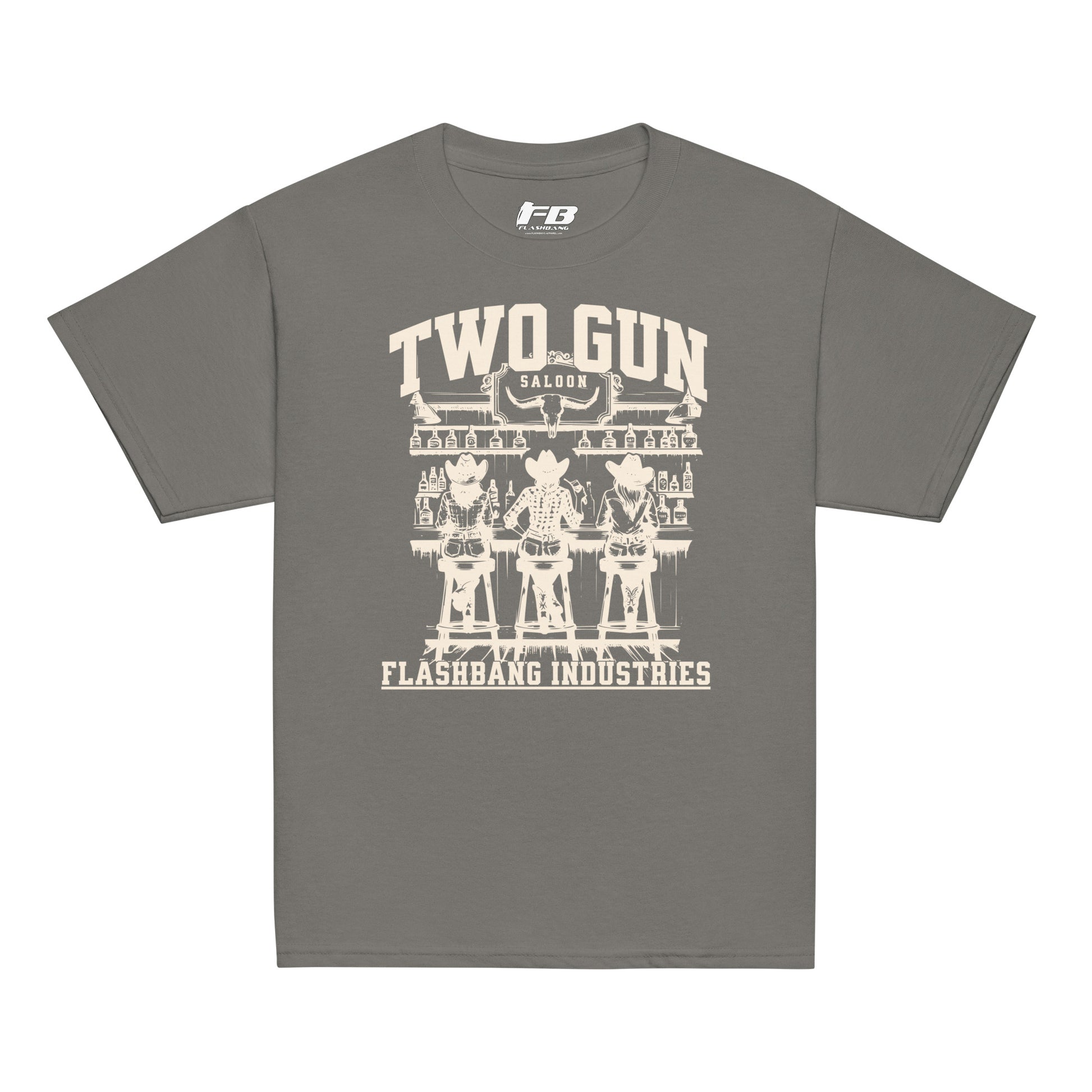 Gray t-shirt with 'Two Gun Saloon' graphic and 'Flashbang Industries' text on a white background