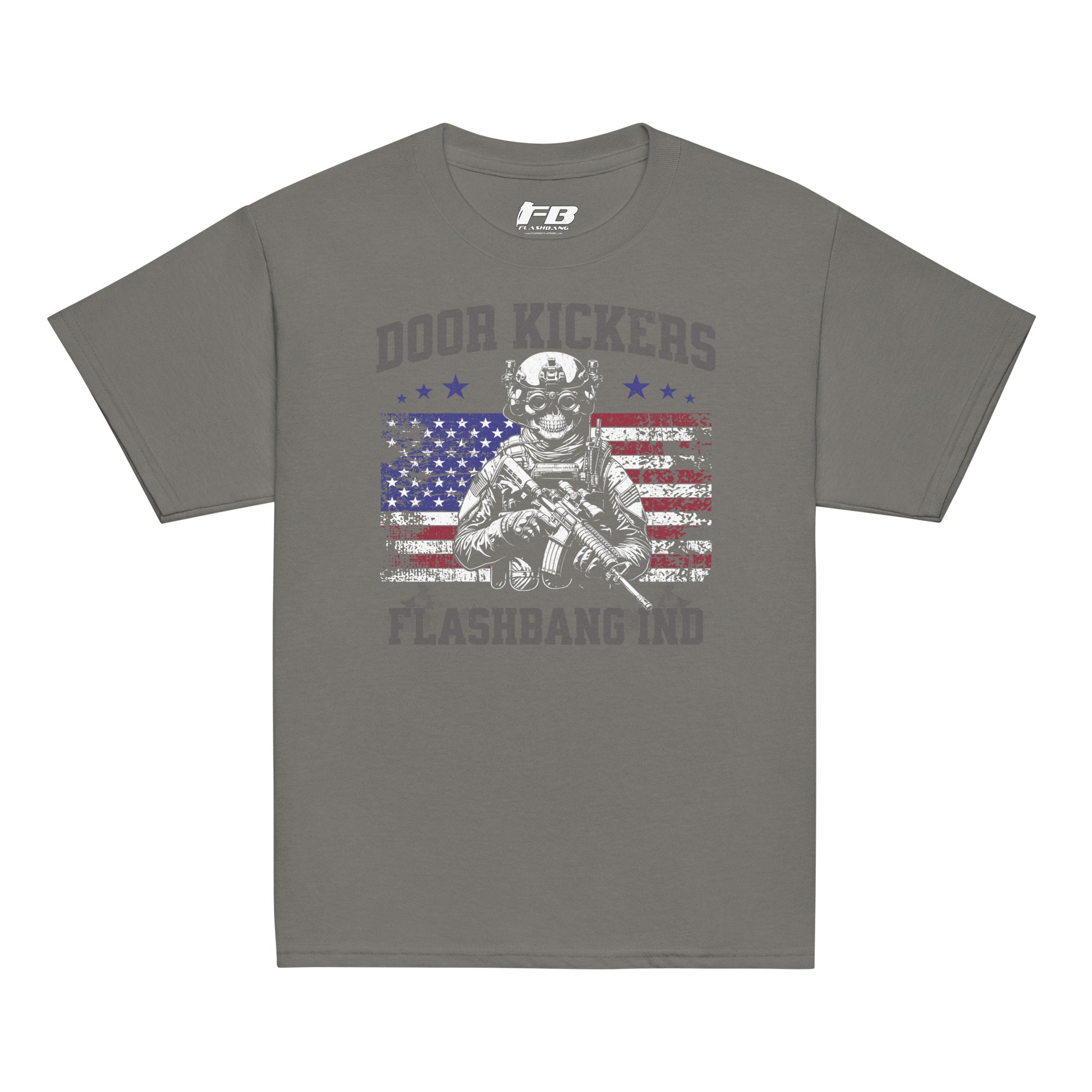 Gray t-shirt with graphic design featuring a soldier and American flag on a white background
